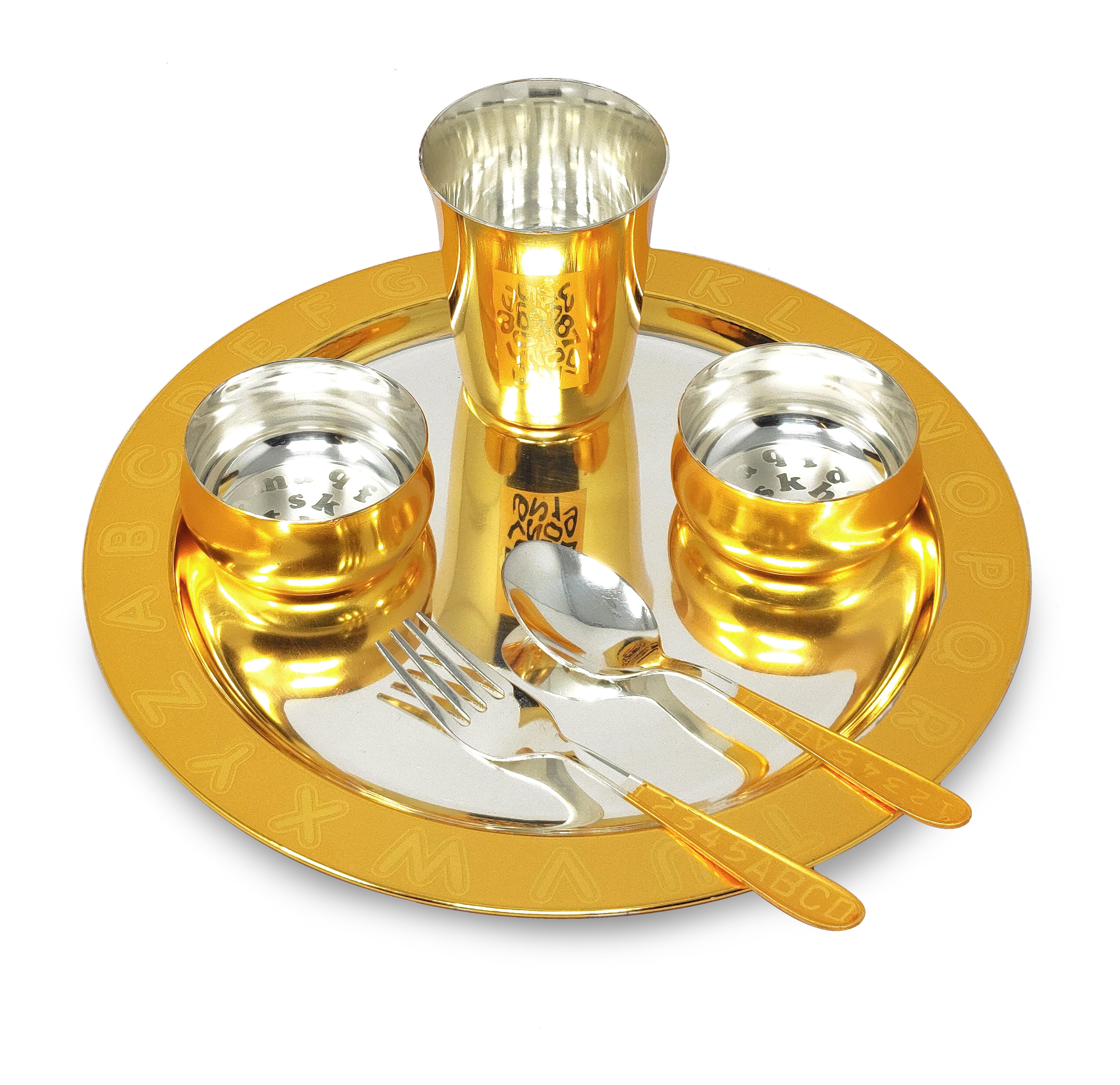 Bengalen Gold & Silver Plated Baby Dinner Set With Blue Velvet Box for Gift Rice Ceremony Annaprashan Sanskar for Boys Girls Kids Birthday Return Festive Gift Items