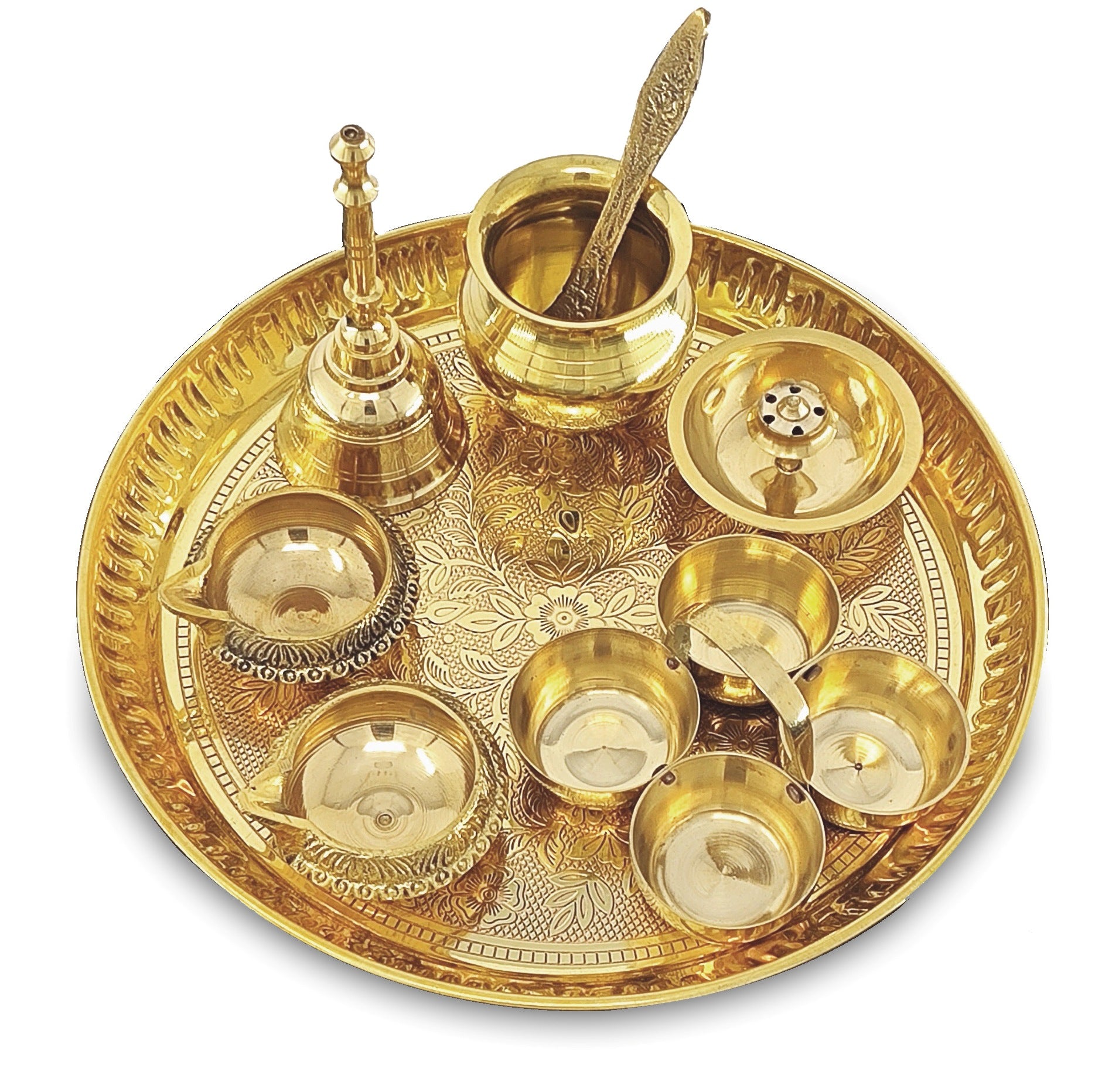 BENGALEN Brass Pooja Thali Set 8 Inch Puja Thali with Pital Plate Kalash Haldi Kumkum Stand Dhup Dan Kuber Diya Ghanti Palli Arti Thali for Diwali Home Office Mandir Wedding Return Gift Items