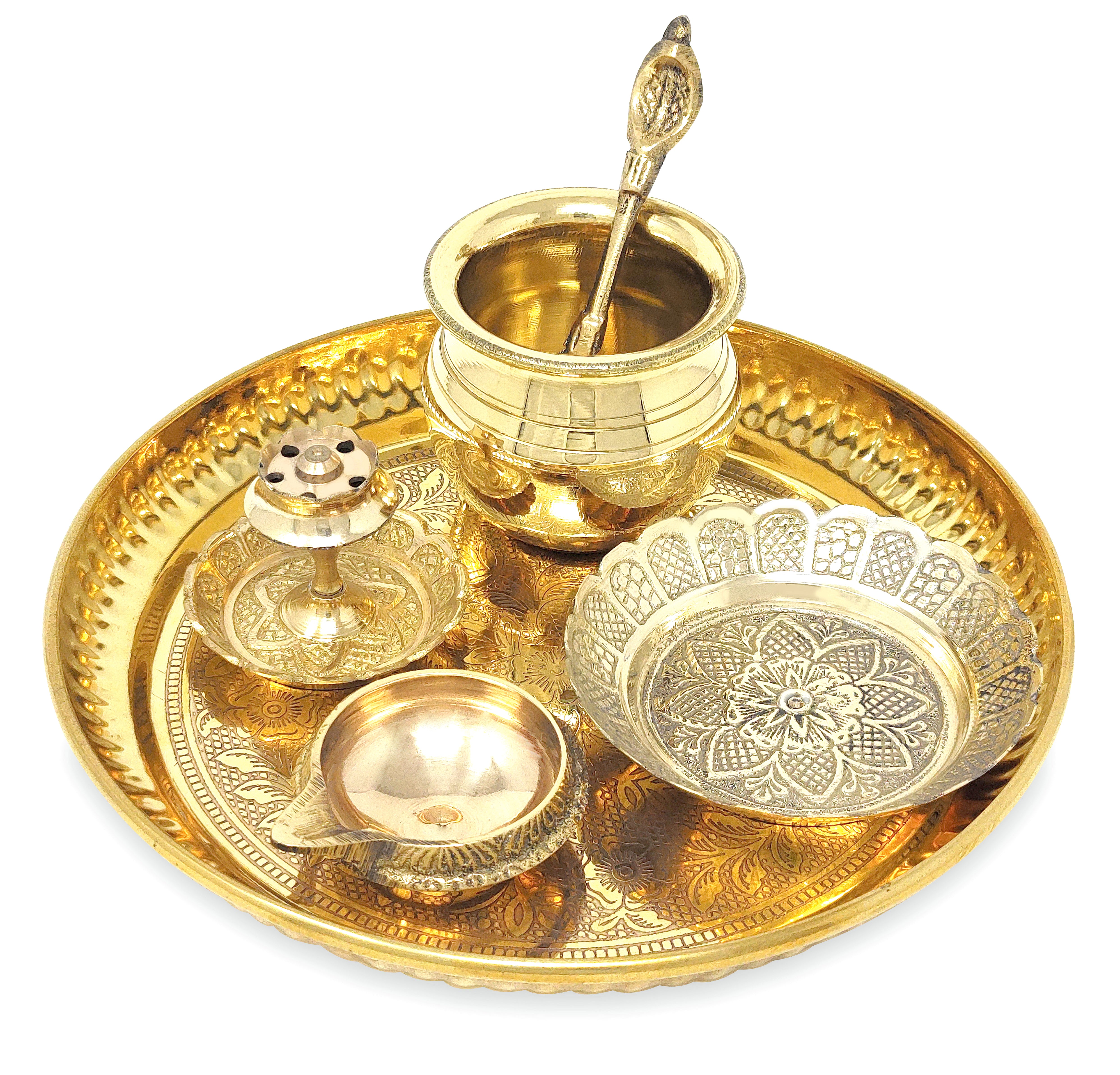 BENGALEN Brass Pooja Thali Set 6 Inch Puja Thali with Pital Plate Kalash Kuber Diya Dhup Dan Palli Kangura Plate Arti Thali for Diwali Home Office Mandir Wedding Return Gift Items