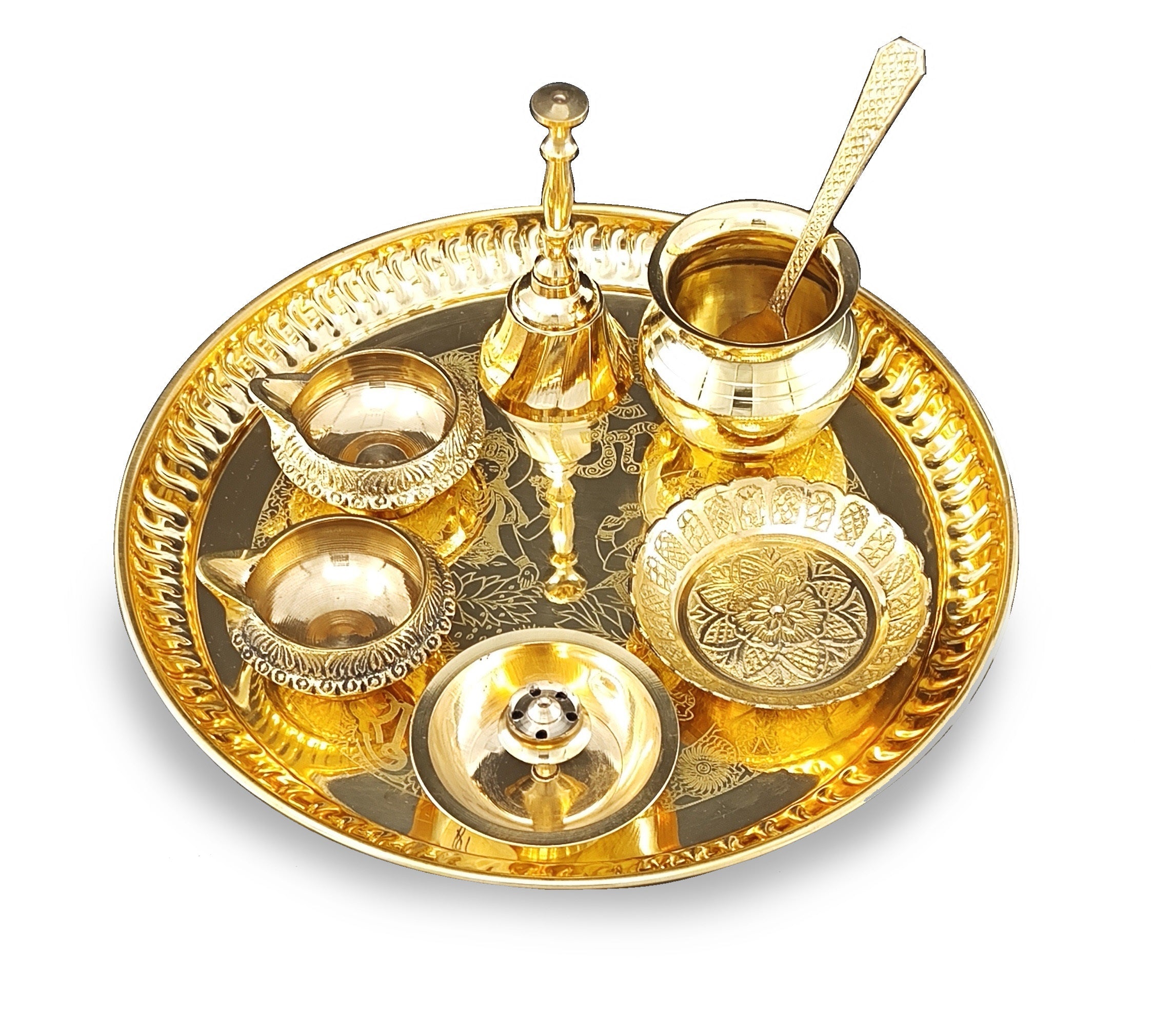 BENGALEN Brass Pooja Thali Set 8 Inch with Pital Puja Plate Kalash Kangura Plate Spoon Kuber Diya Ghanti Dhup Dan Arti Thali for Diwali Home Office Mandir Wedding Return Gift Items