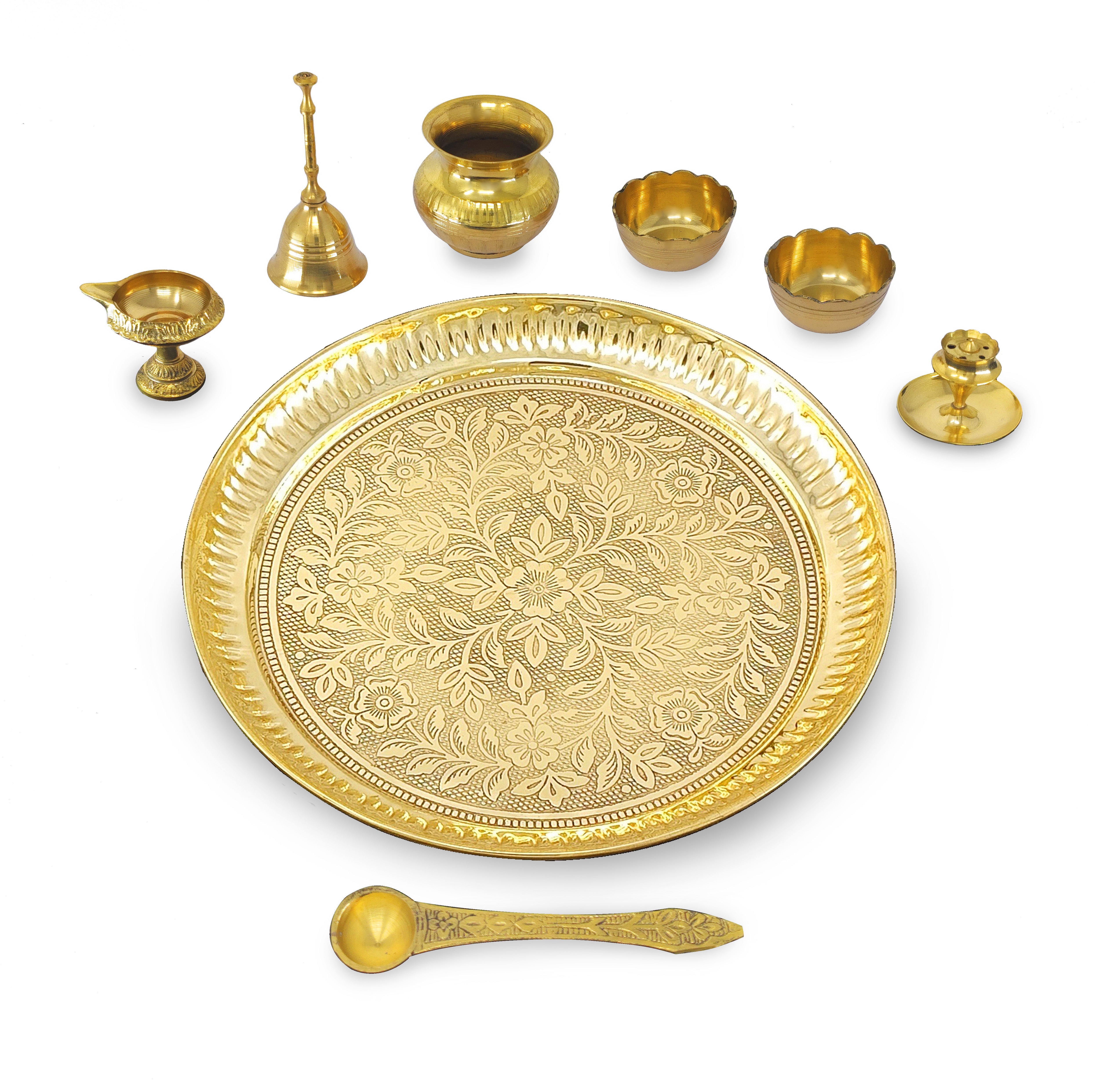 BENGALEN Brass Pooja Thali Set 10 Inch for Diwali Home Office Mandir Wedding Return Gift Items