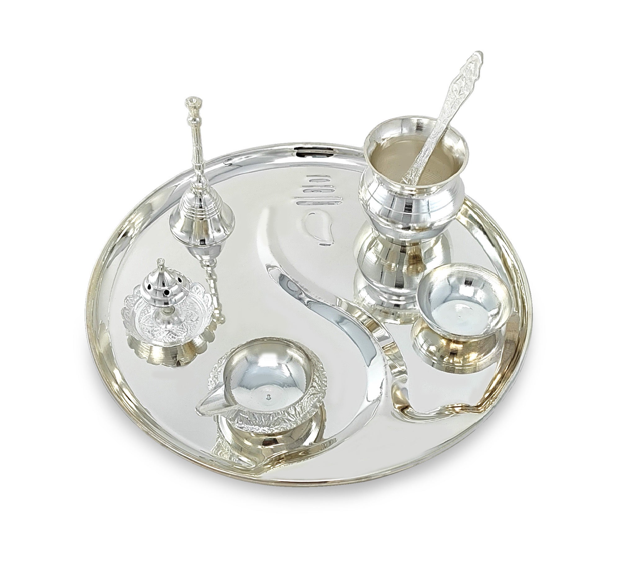BENGALEN Pooja Thali Set Silver Plated with Gift Box 22 cm Designed Puja Plate Kalash Ghanti Bowl Spoon Dhup Dan Kuber Diya for Housewarming Diwali Wedding Gift Items