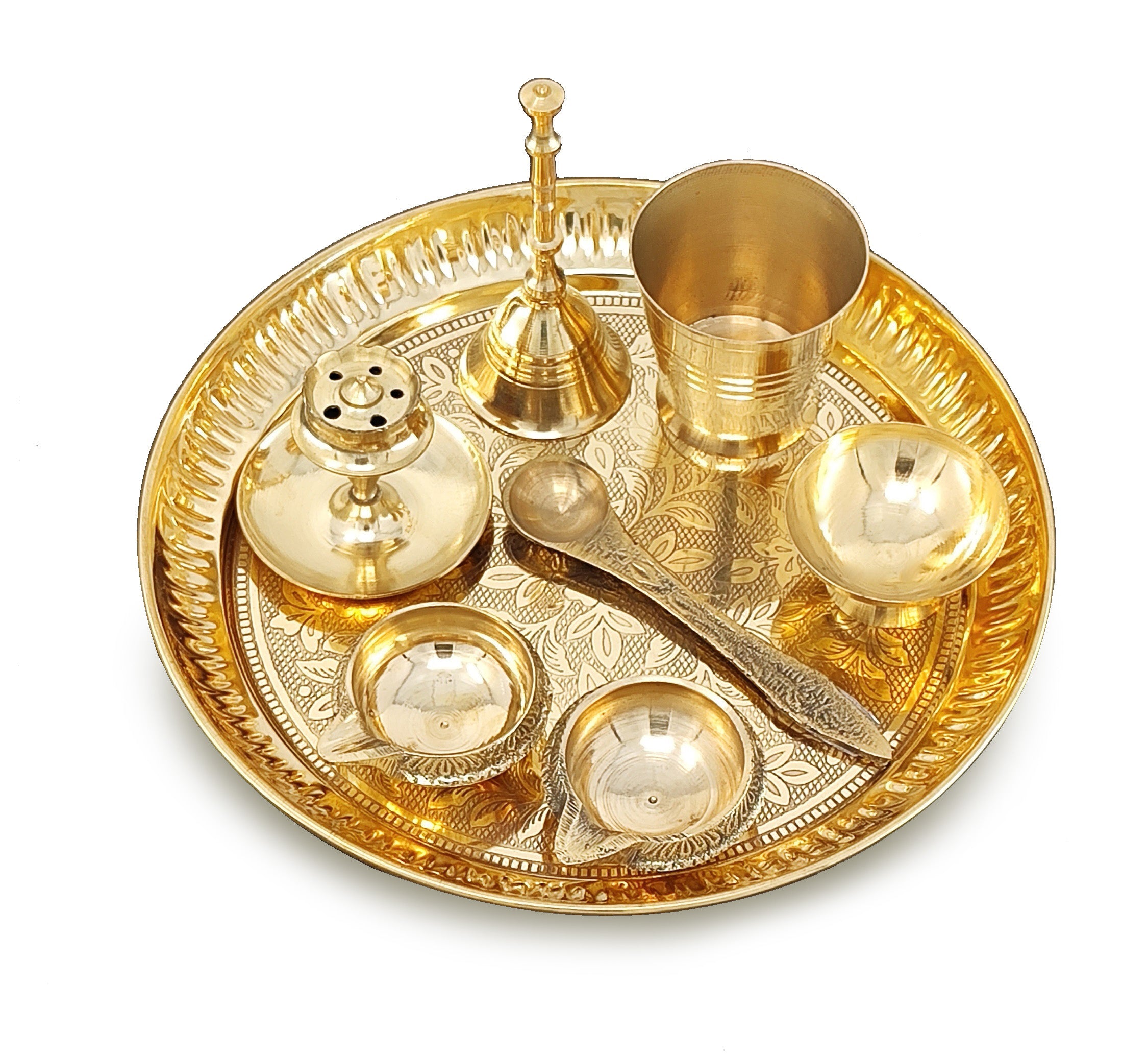 BENGALEN Brass Pooja Thali Set 7 Inch with Pital Puja Plate Kalash Bowl Spoon Dhup Dan Palli Ghanti Kuber Diya Chandan Wati Arti Thali for Diwali Home Office Mandir Wedding Return Gift Items