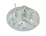 BENGALEN Pooja Thali Set Silver Plated with Blue Gift Box Designed 8 Inch Puja Plate Kalash Bowl Ghanti Spoon Dhup Dan Diya for Home Office Diwali Wedding Return Gift Items