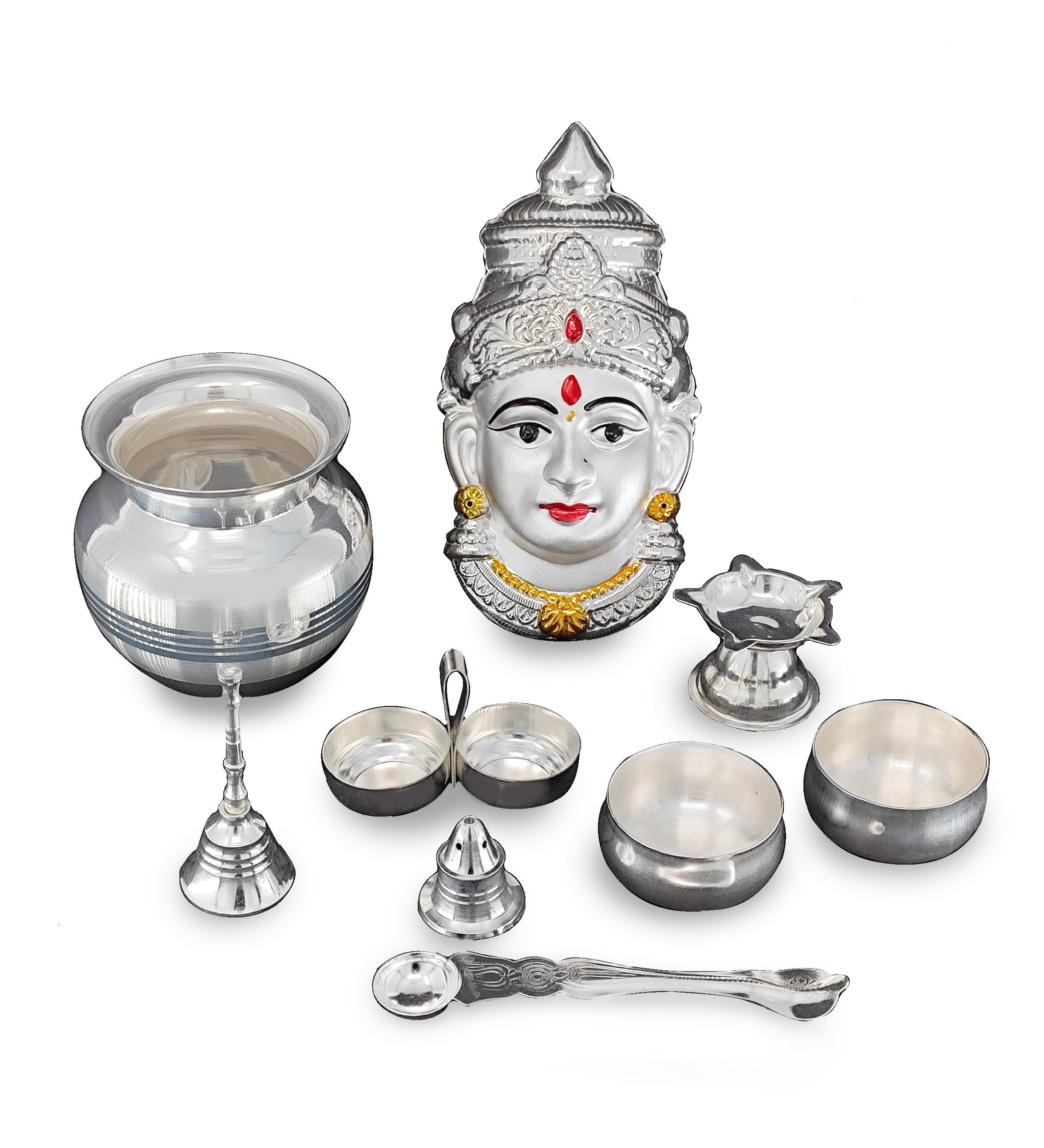 BENGALEN Silver Plated Pooja thali Set with Varalakshmi Devi Mukhota Idol Statue