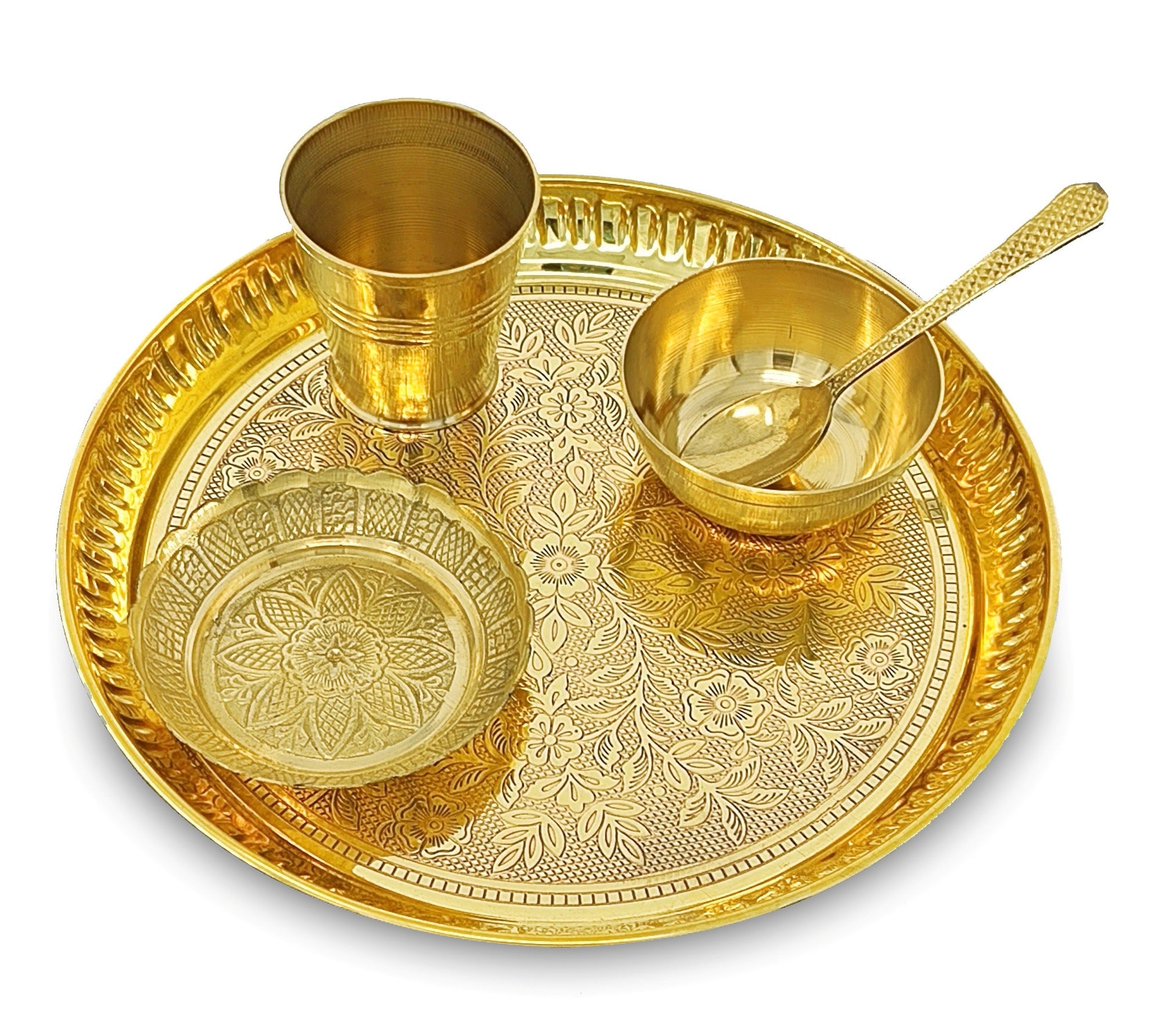 BENGALEN Brass Pooja Bhog Thali Set 8 Inch Puja Thali with Pital Plate and Accessories Arti Thali for Diwali Home Office Mandir Wedding Return Gift Items