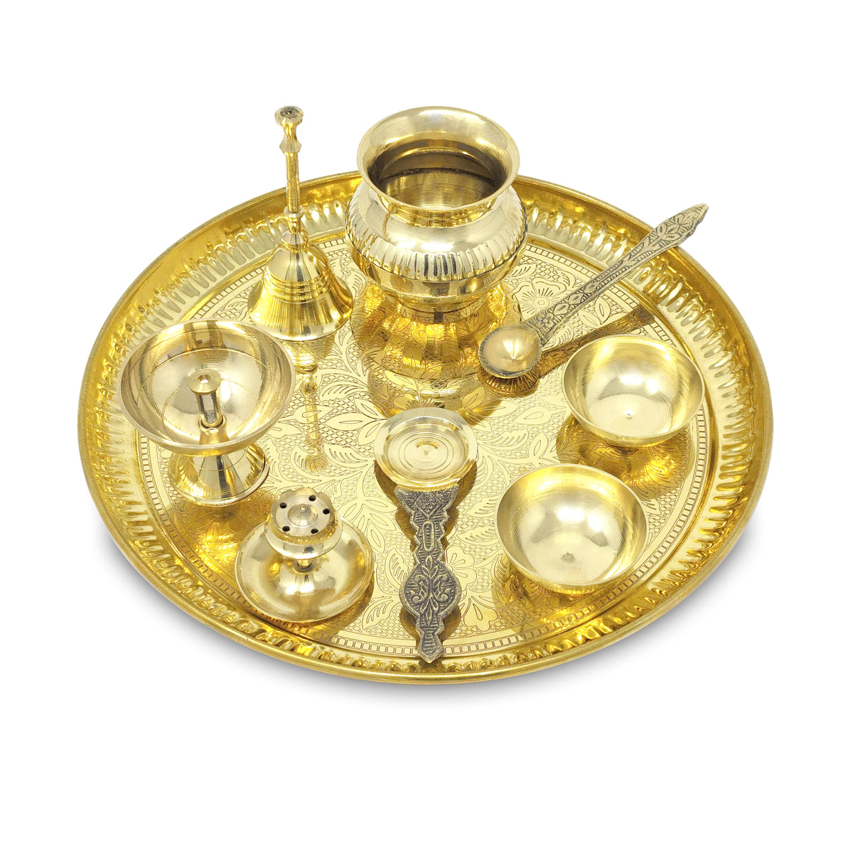 BENGALEN Brass Pooja Thali Set with Red Gift Box 10 Inch