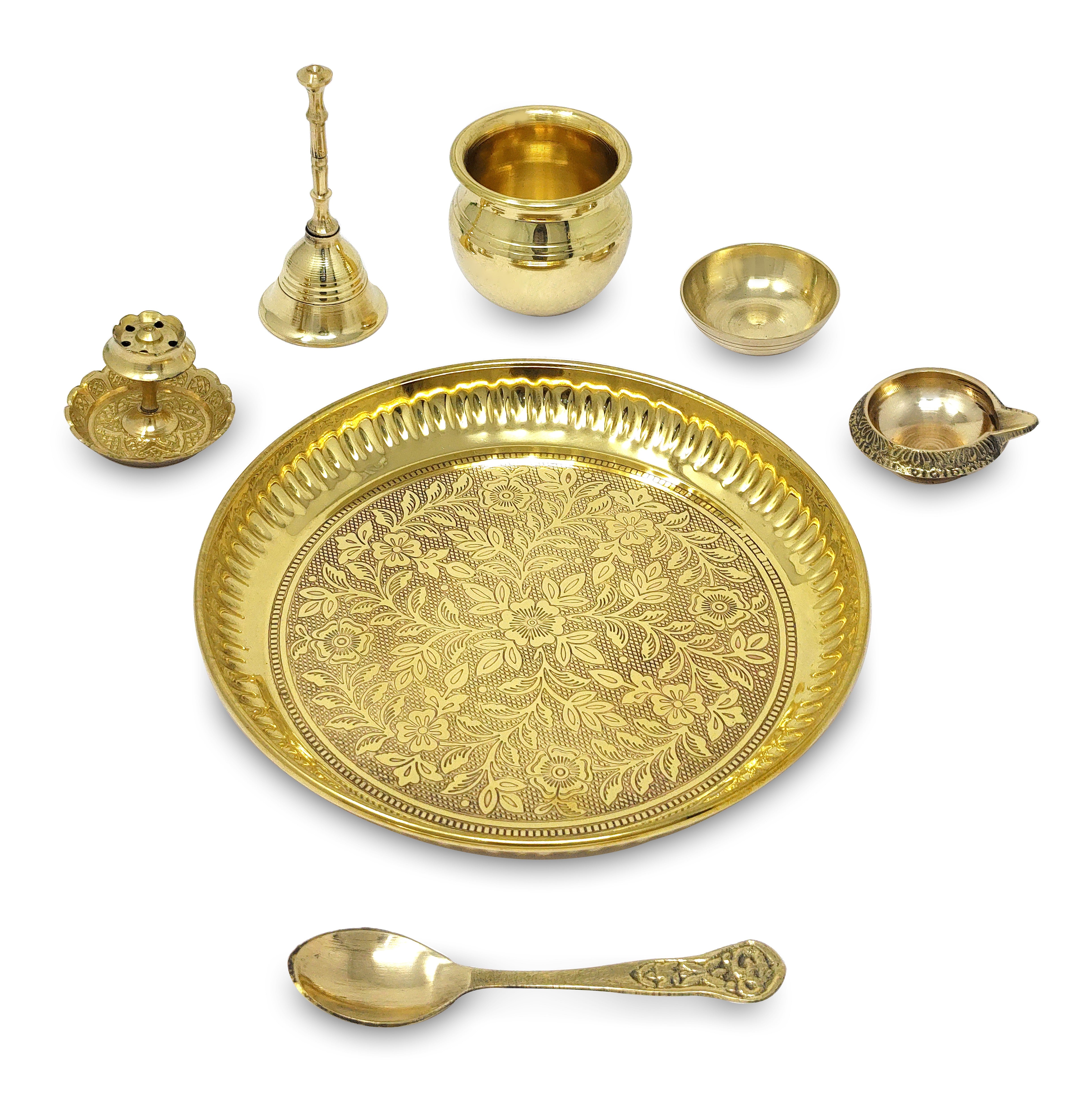 BENGALEN Brass Puja Thali Set with Blue Gift Box 6 Inch