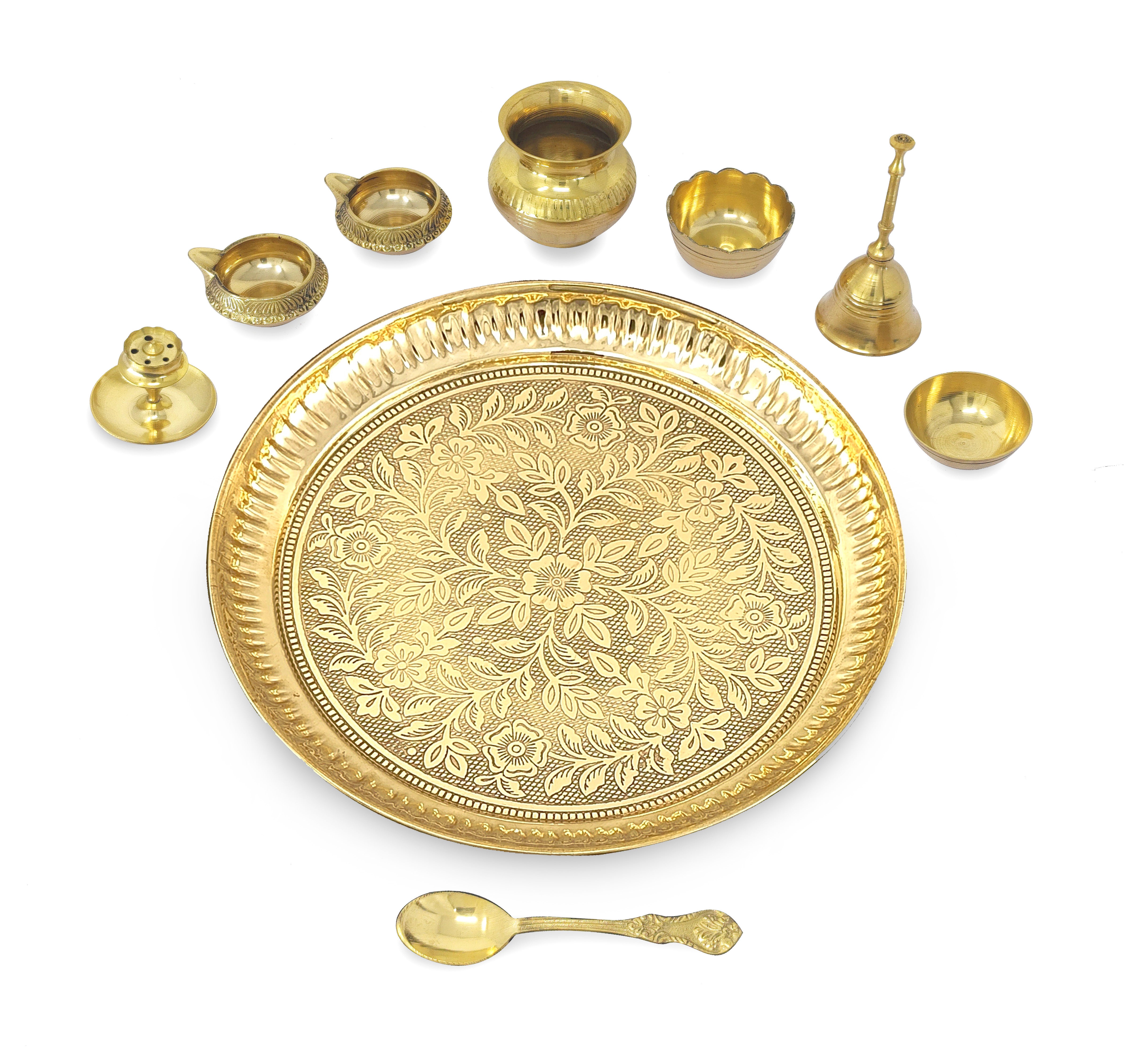 BENGALEN Brass Pooja Thali Set 10 Inch for Diwali Home Office Mandir Wedding Return Gift Items
