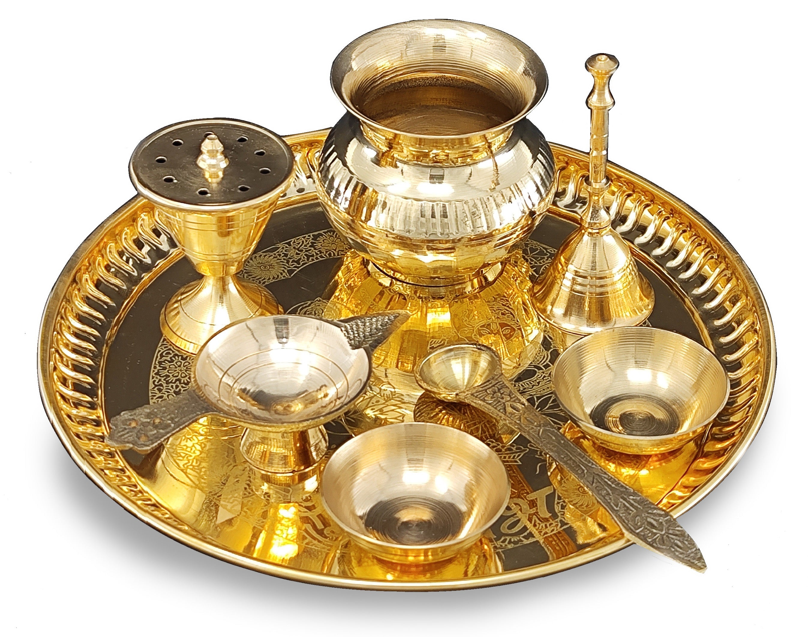 Bengalen Brass Pooja thali 8 Inch with Accessories Ganesh Lakshmi Design Puja Set Wedding Return Gift Items