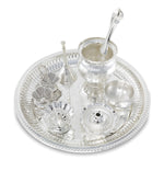 BENGALEN Pooja Thali Set Silver Plated with Grey Gift Box Puja Plate Devdas Diya Kalash Bowl Palli Haldi Kumkum Stand Dhup Dan Ghanti for Home Office Diwali Wedding Return Gifts