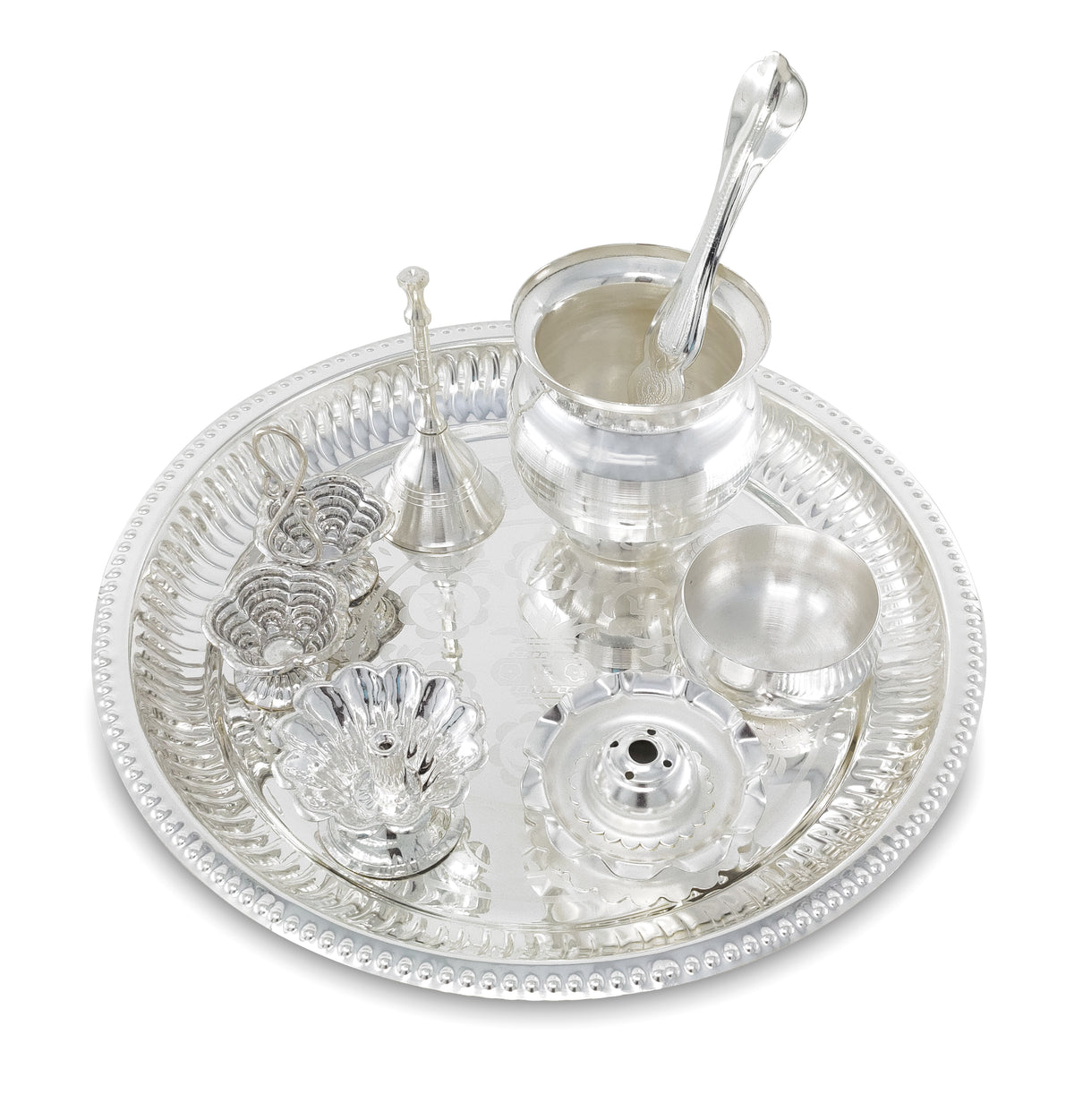BENGALEN Pooja Thali Set Silver Plated with Grey Gift Box Puja Plate Devdas Diya Kalash Bowl Palli Haldi Kumkum Stand Dhup Dan Ghanti for Home Office Diwali Wedding Return Gifts