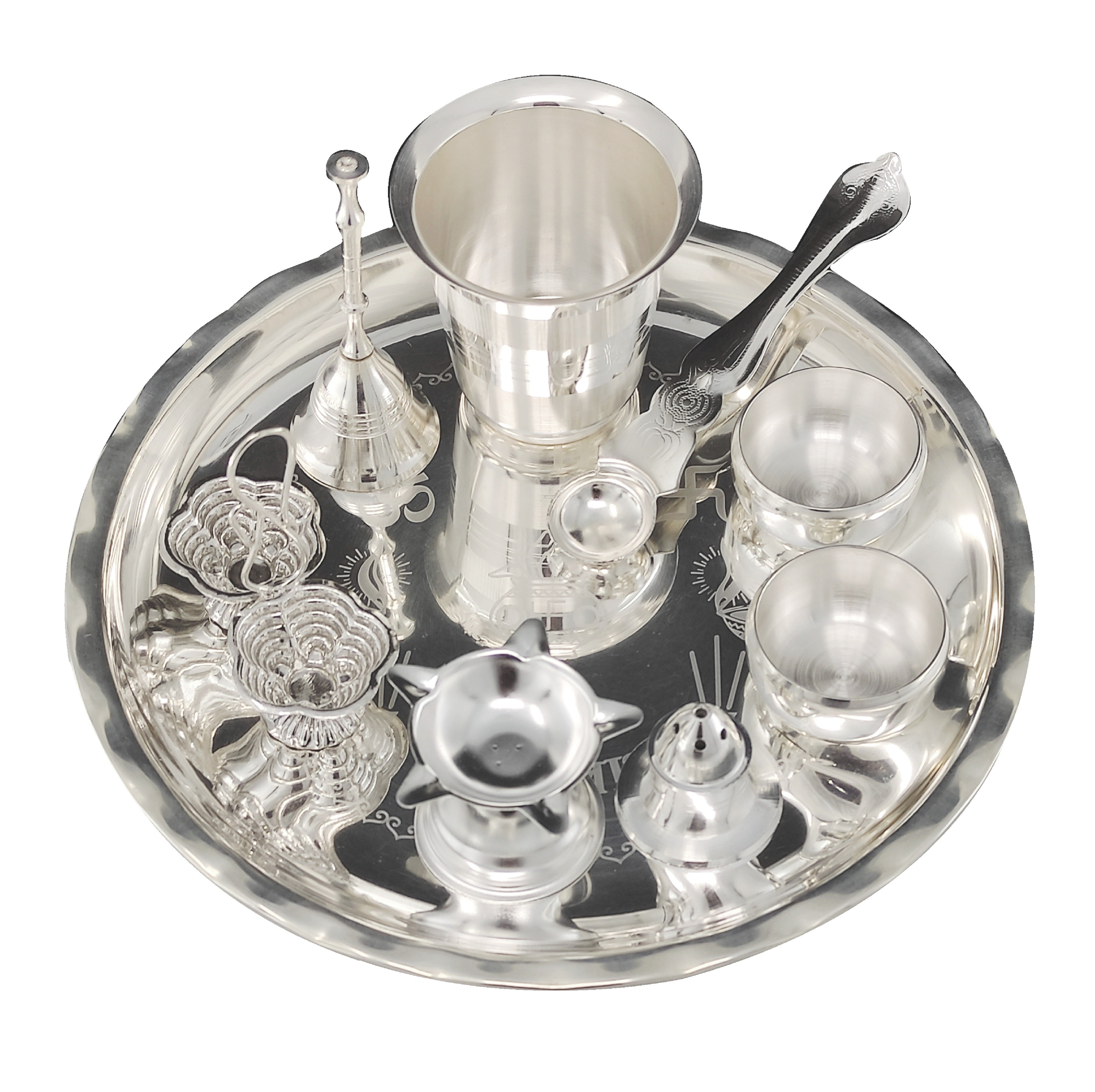 Bengalen Silver Plated Pooja thali Set 8 Inch with Plate Bowl Glass Palli Diya Ghanti Kumkum Stand Dhup Dan Puja Thali for Diwali Home Office Mandir Wedding Return Gift Items