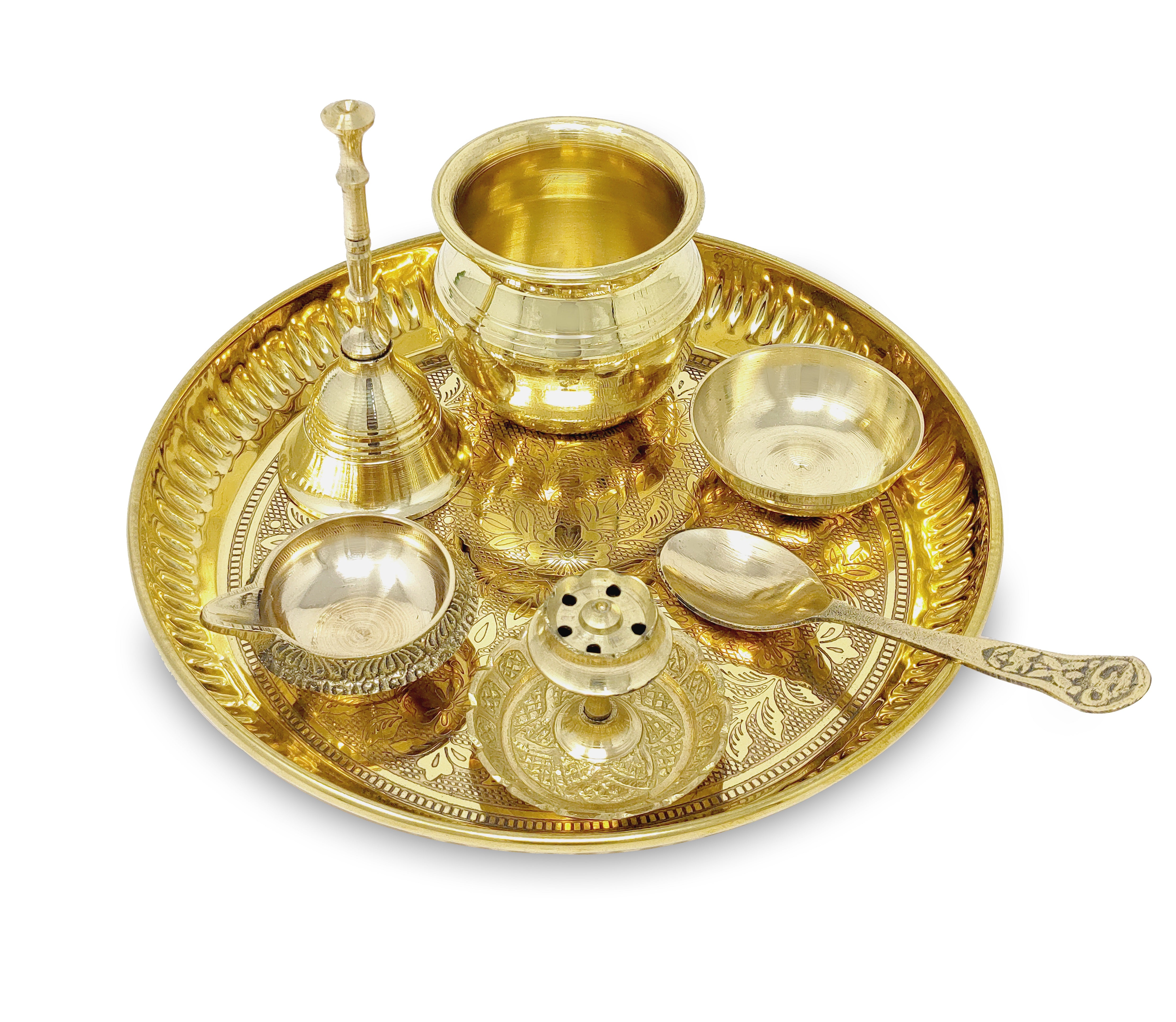 BENGALEN Brass Puja Thali Set with Blue Gift Box 6 Inch