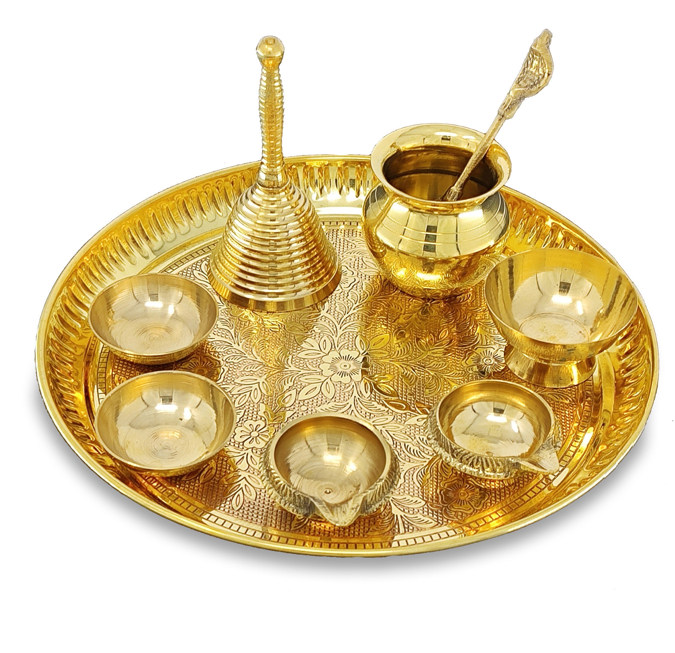 BENGALEN Brass Pooja Thali Set 8 Inch Puja Thali with Pital Plate Kalash Chandan Vati Dhup Dan Kuber Diya Ghanti Palli Arti Thali for Diwali Home Office Mandir Wedding Return Gift Items