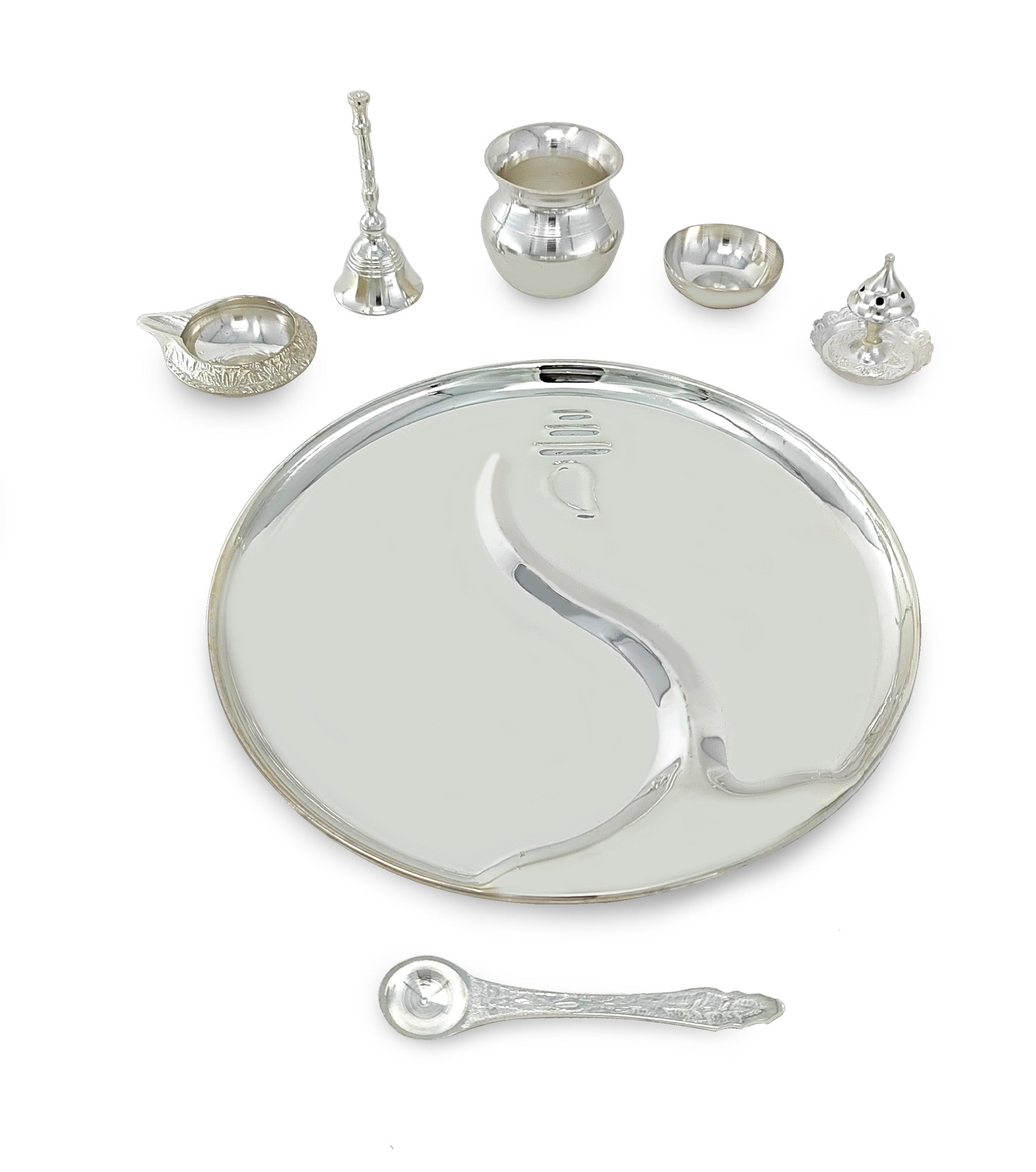 BENGALEN Pooja Thali Set Silver Plated with Gift Box 22 cm Designed Puja Plate Kalash Ghanti Bowl Spoon Dhup Dan Kuber Diya for Housewarming Diwali Wedding Gift Items