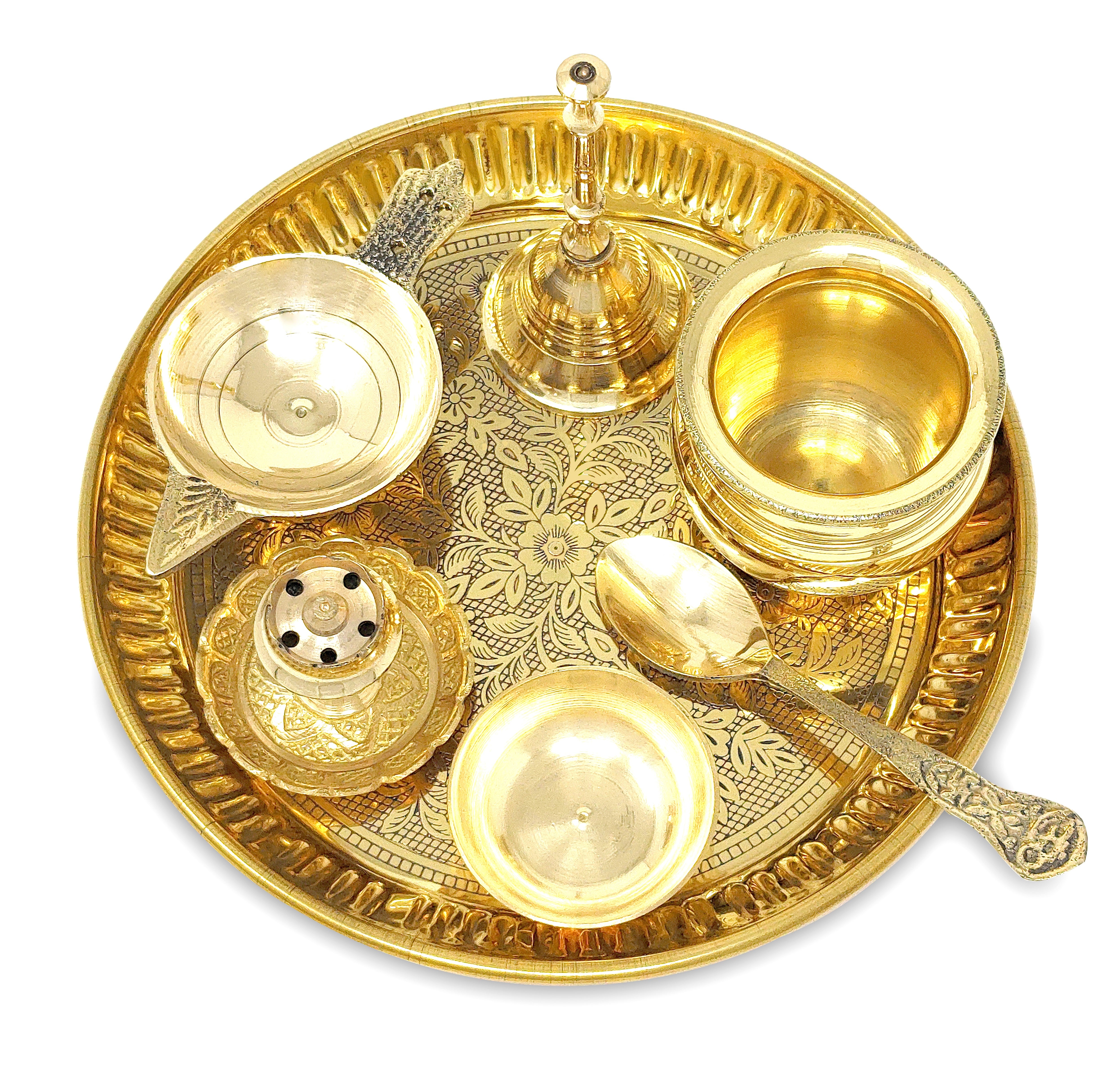 BENGALEN Brass Pooja Thali Set 6 Inch Puja Thali with Pital Plate Kalash Spoon Chandan Wati Dhup Dan Diya Ghanti Arti Thali for Diwali Home Office Mandir Wedding Return Gift Items