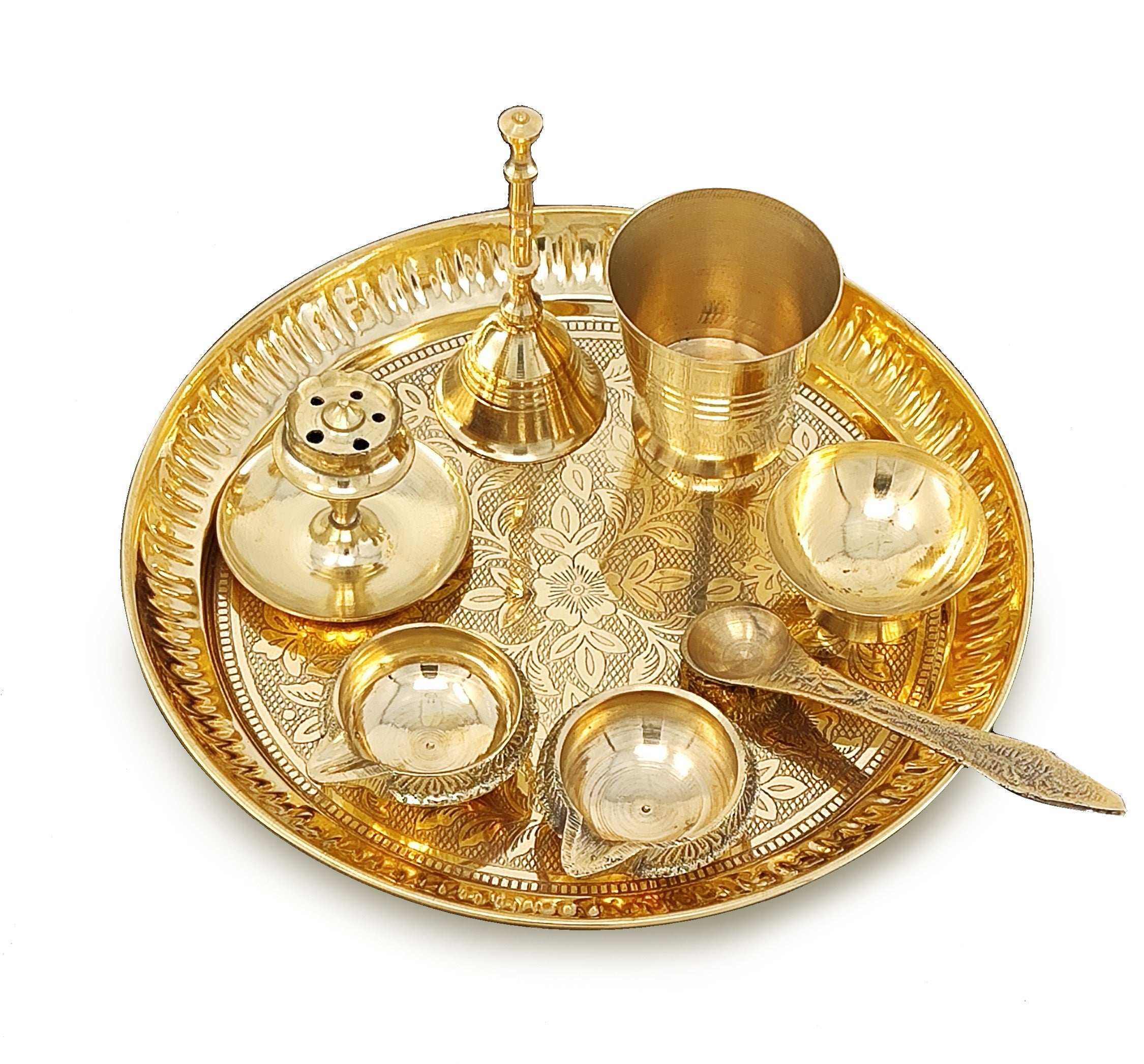 BENGALEN Brass Pooja Thali Set 7 Inch with Pital Puja Plate Kalash Bowl Spoon Dhup Dan Palli Ghanti Kuber Diya Chandan Wati Arti Thali for Diwali Home Office Mandir Wedding Return Gift Items