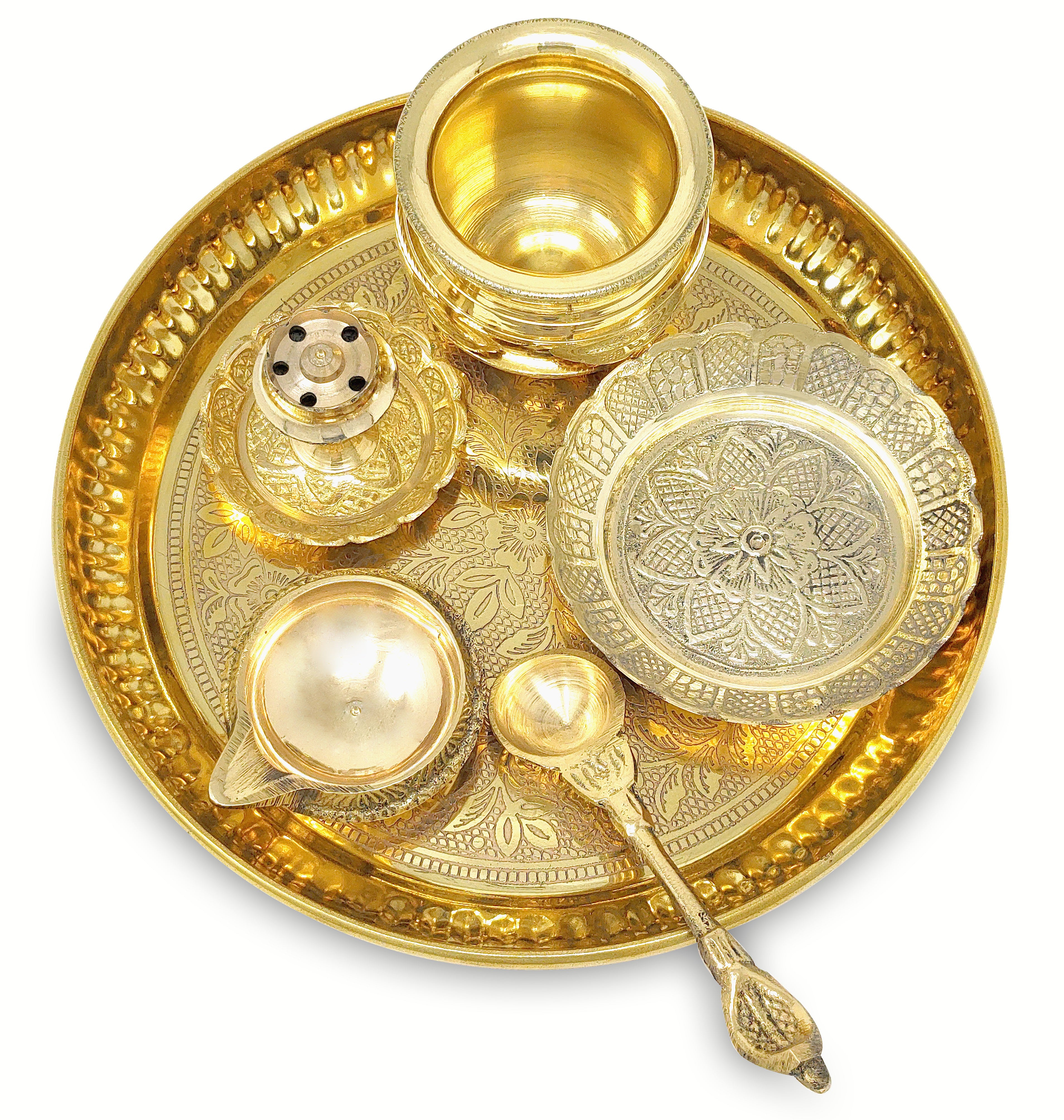BENGALEN Brass Pooja Thali Set 6 Inch Puja Thali with Pital Plate Kalash Kuber Diya Dhup Dan Palli Kangura Plate Arti Thali for Diwali Home Office Mandir Wedding Return Gift Items