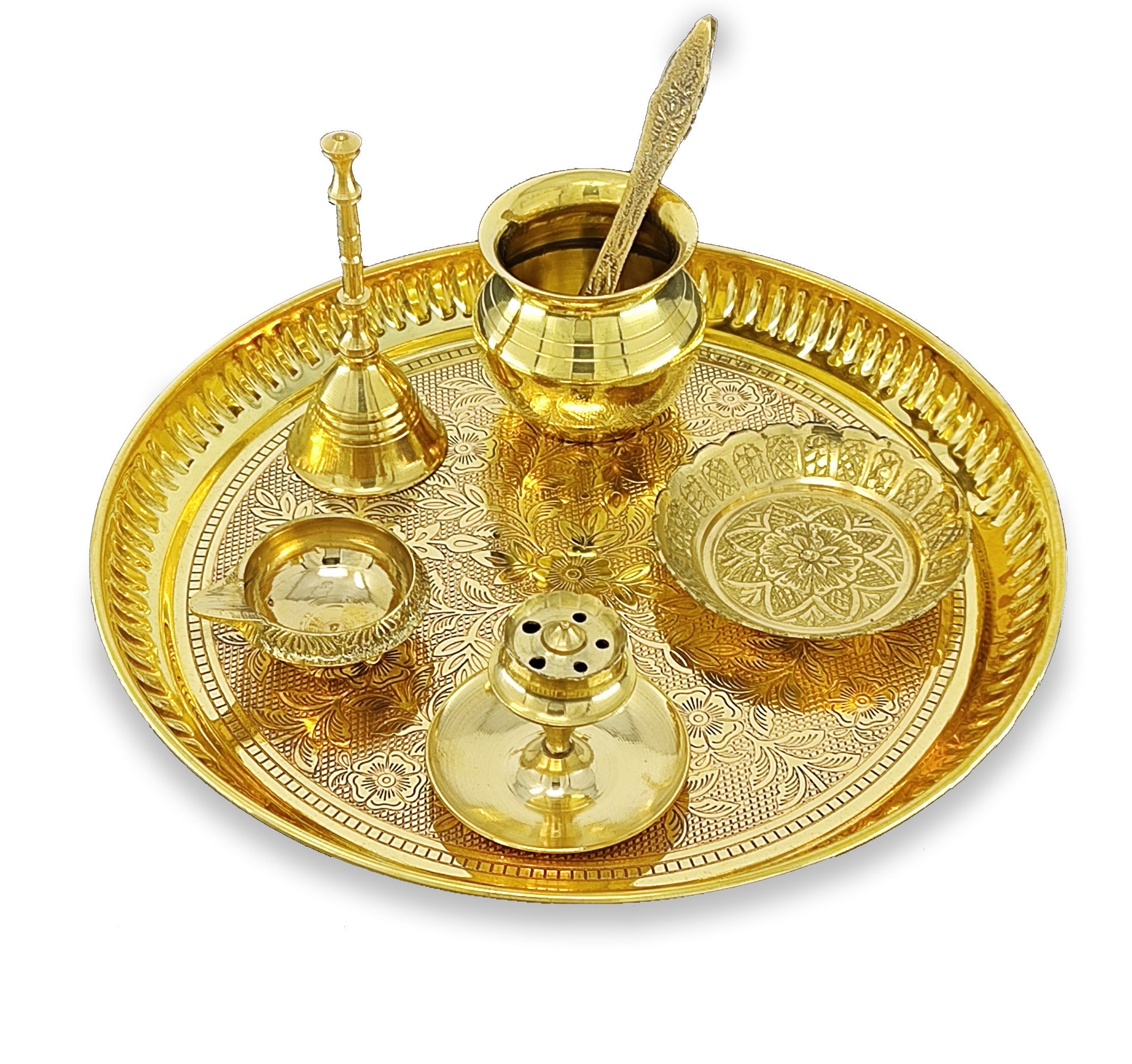 BENGALEN Brass Pooja Thali Set 8 Inch Puja Thali with Pital Designed Plate Kalash Kangura Plate Dhup Dan Kuber Diya Ghanti Palli for Diwali Home Office Mandir Wedding Return Gift Items