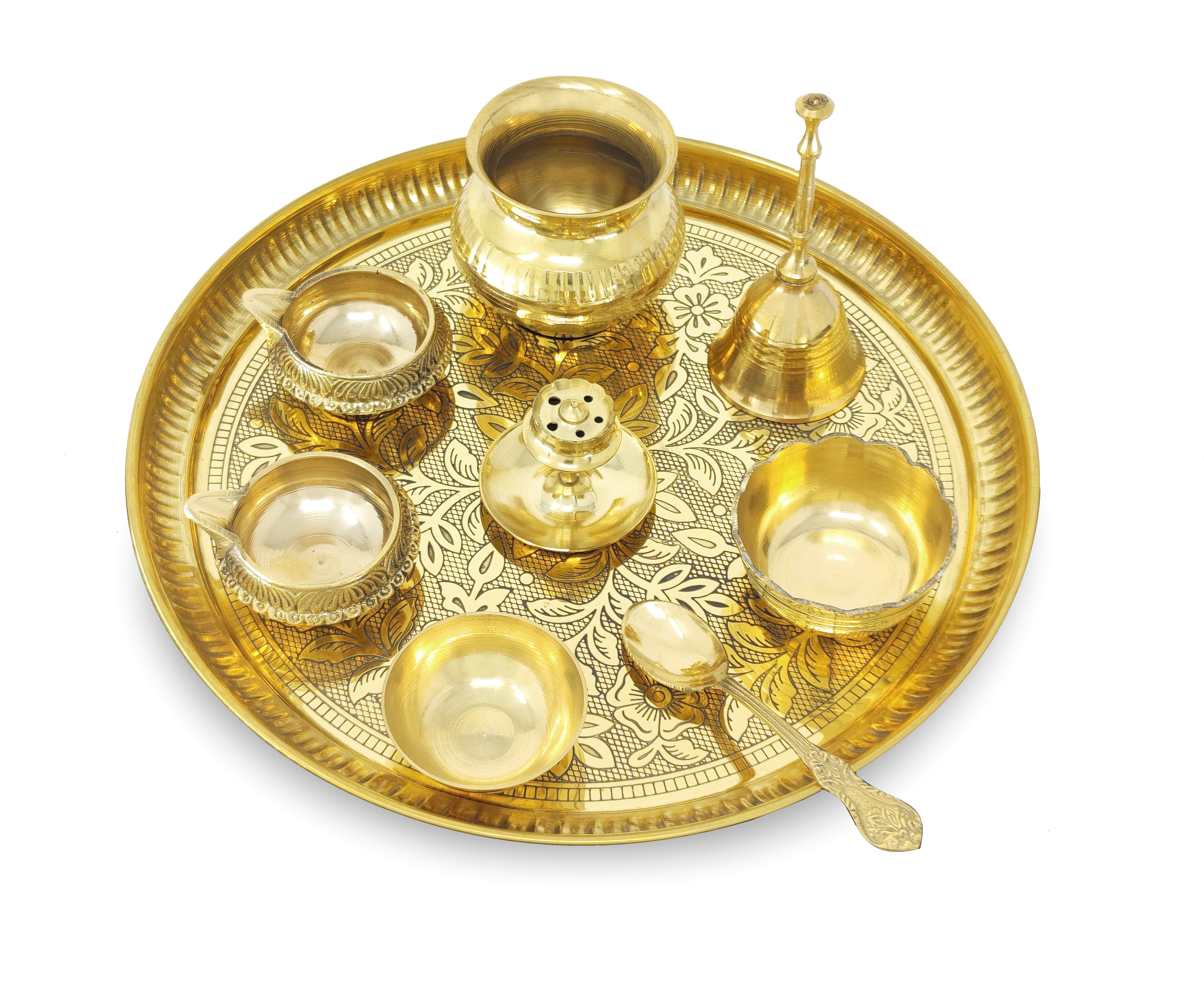 BENGALEN Brass Pooja Thali Set 10 Inch for Diwali Home Office Mandir Wedding Return Gift Items