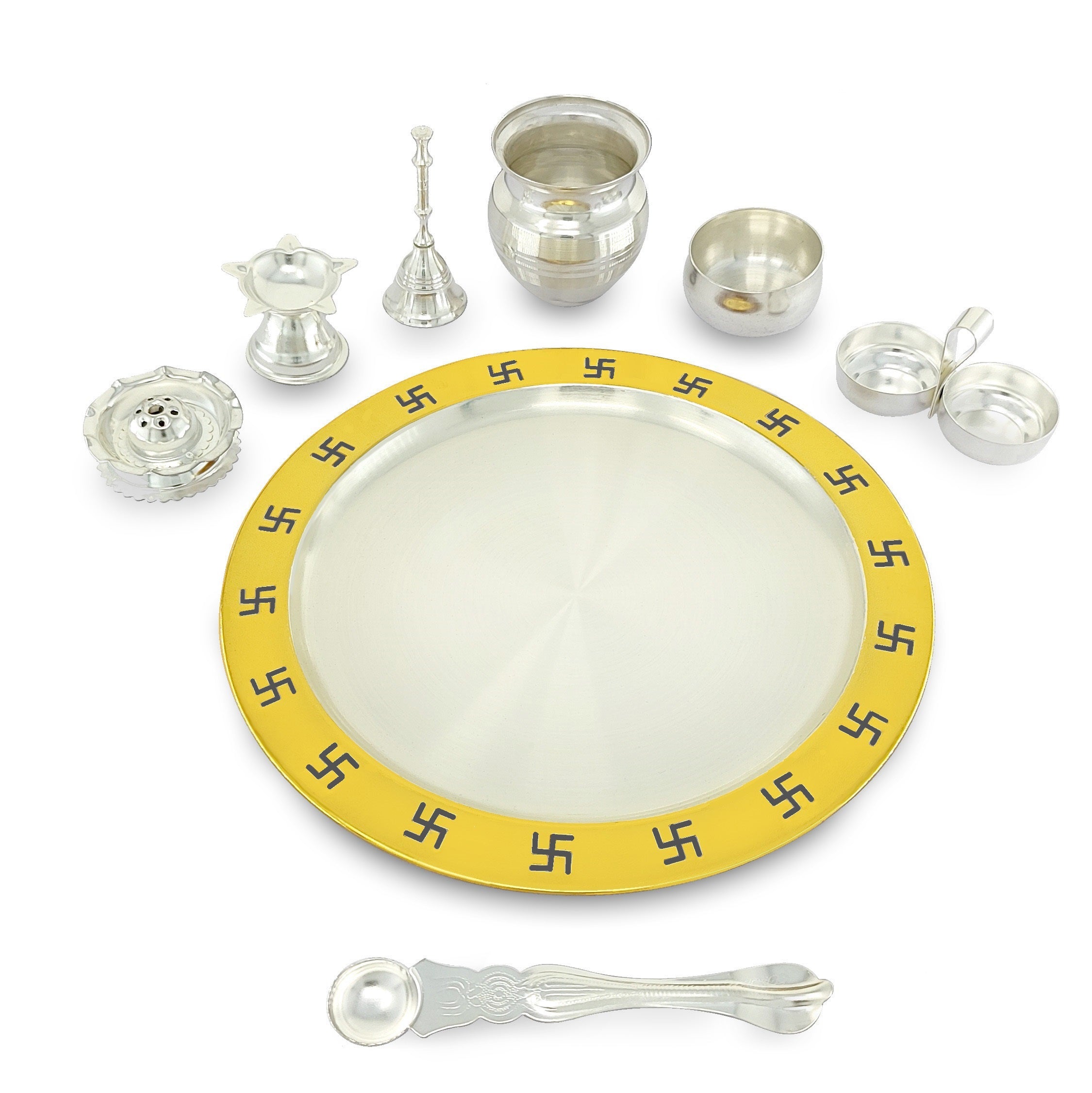BENGALEN Pooja Thali Set 9 Inch Gold & Silver Plated with Gray Gift Box