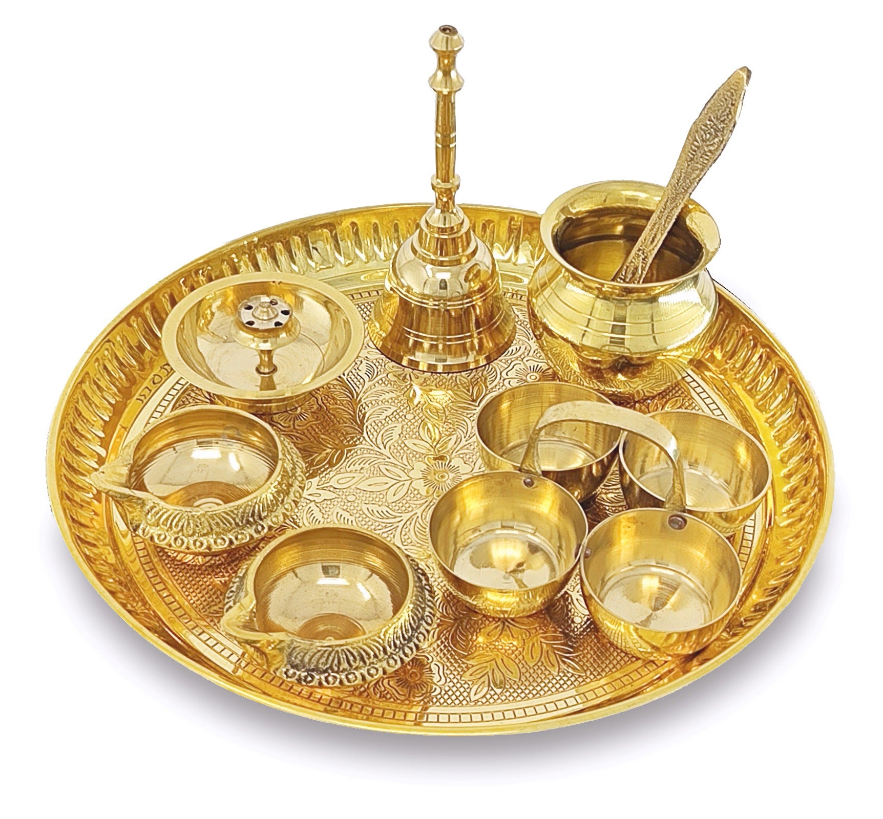 BENGALEN Brass Pooja Thali Set 8 Inch Puja Thali with Pital Plate Kalash Haldi Kumkum Stand Dhup Dan Kuber Diya Ghanti Palli Arti Thali for Diwali Home Office Mandir Wedding Return Gift Items