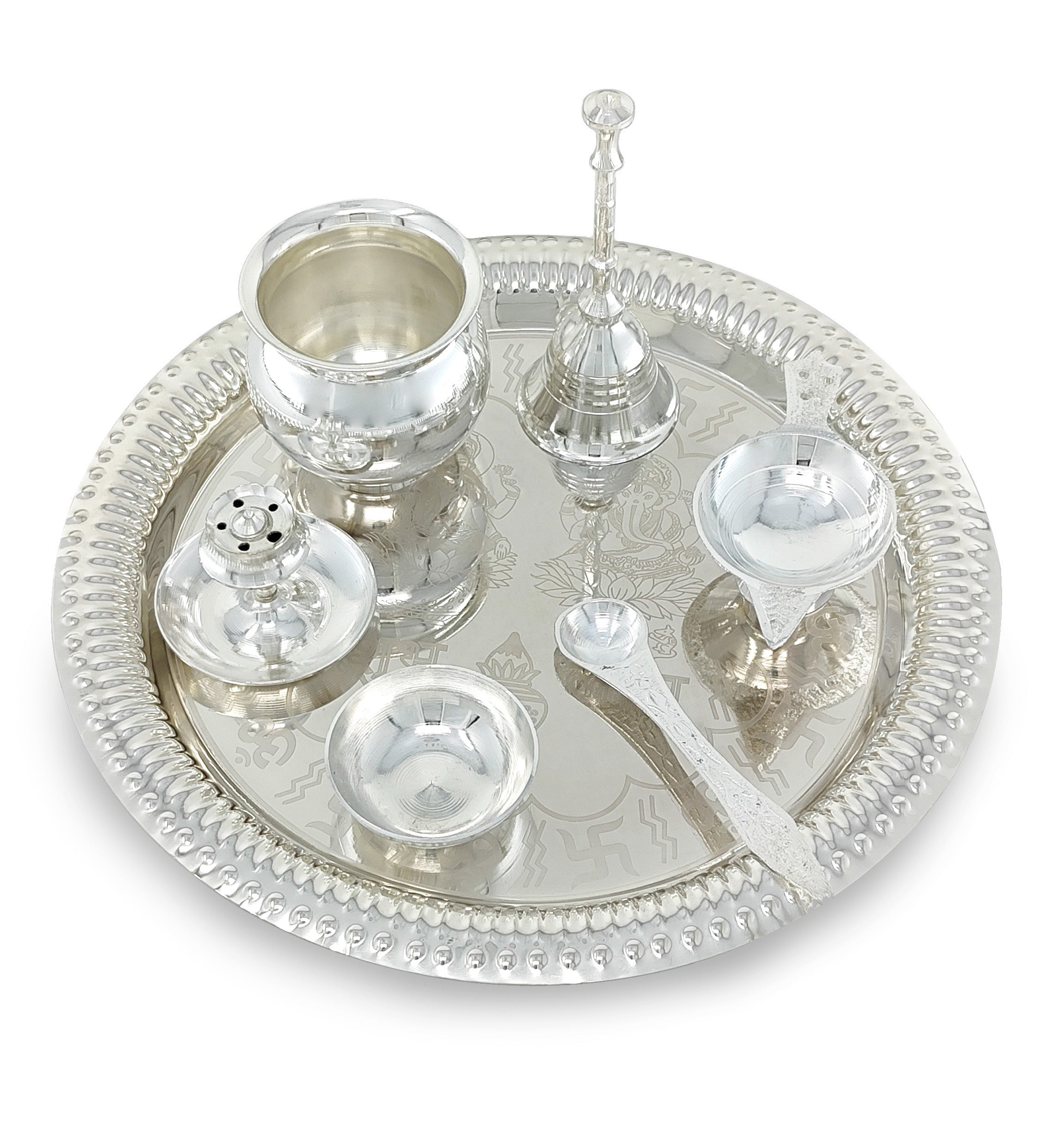 BENGALEN Pooja Thali Set Silver Plated with Gift Box Designed Puja Plate 22 CM Kalash Bowl Ghanti Spoon Dhup Dan Diya for Home Office Diwali Wedding Return Gift Items