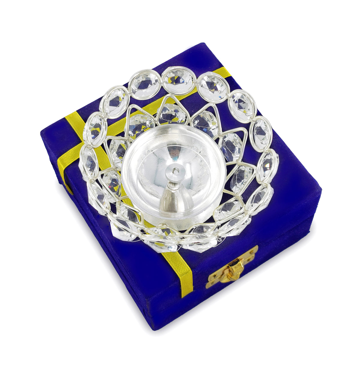 BENGALEN Crystal Diya with Blue Velvet Gift Box German Silver Chrystal Akhand Piyali Dia Pooja Items Diwali Decoration Puja Gifts Handmade Oil Lamp