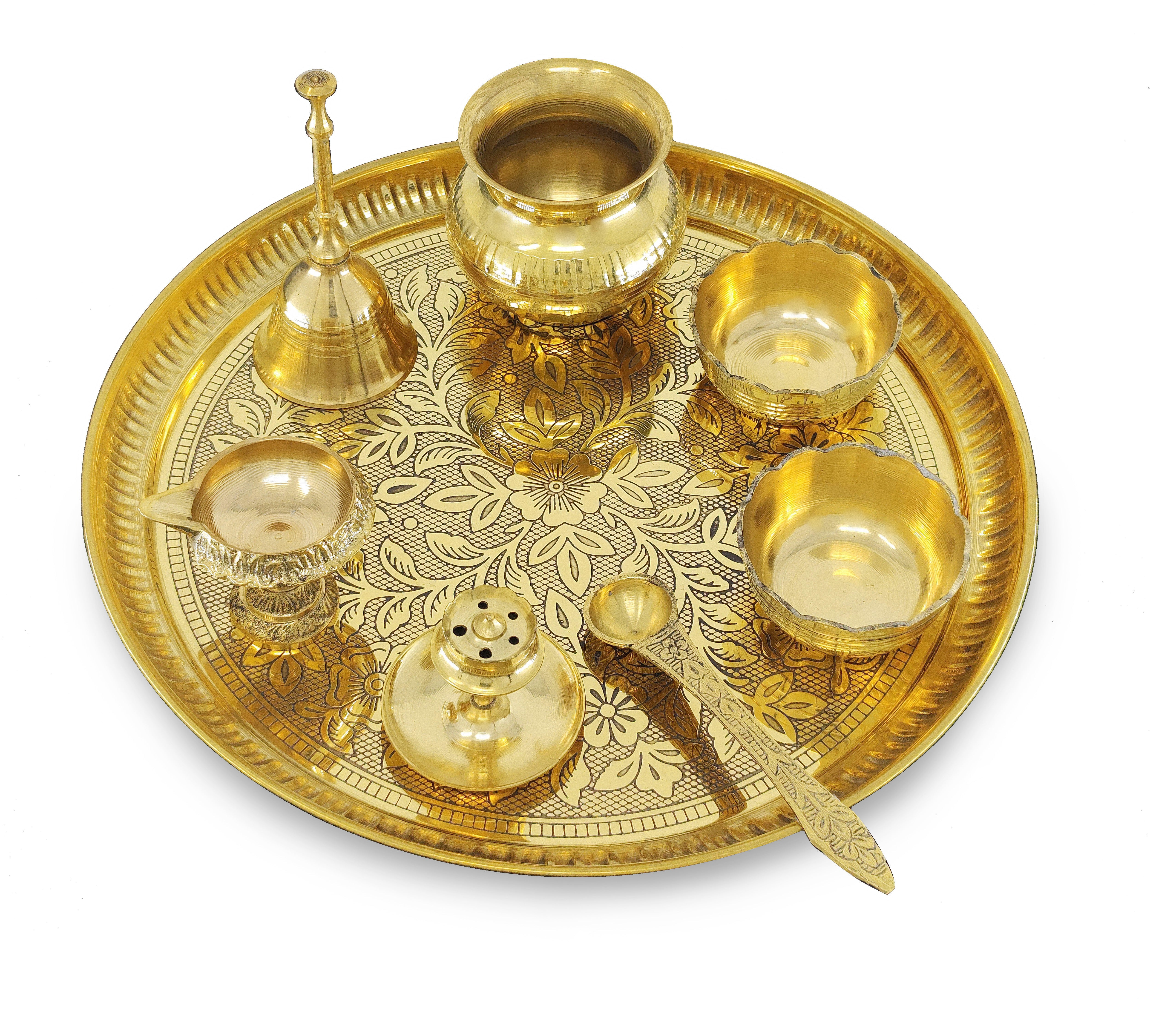 BENGALEN Brass Pooja Thali Set 10 Inch for Diwali Home Office Mandir Wedding Return Gift Items