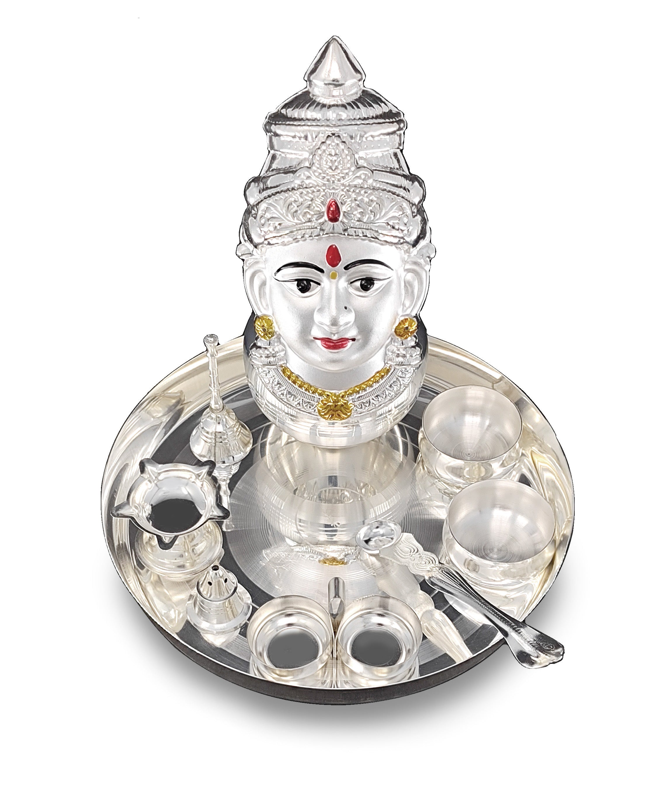 BENGALEN Silver Plated Pooja thali Set with Varalakshmi Devi Mukhota Idol Statue
