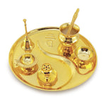 BENGALEN Pooja Thali Set Gold Plated with Gift Box 22 cm Designed Puja Plate Kalash Ghanti Bowl Spoon Dhup Dan Kuber Diya for Housewarming Diwali Wedding Gift Items