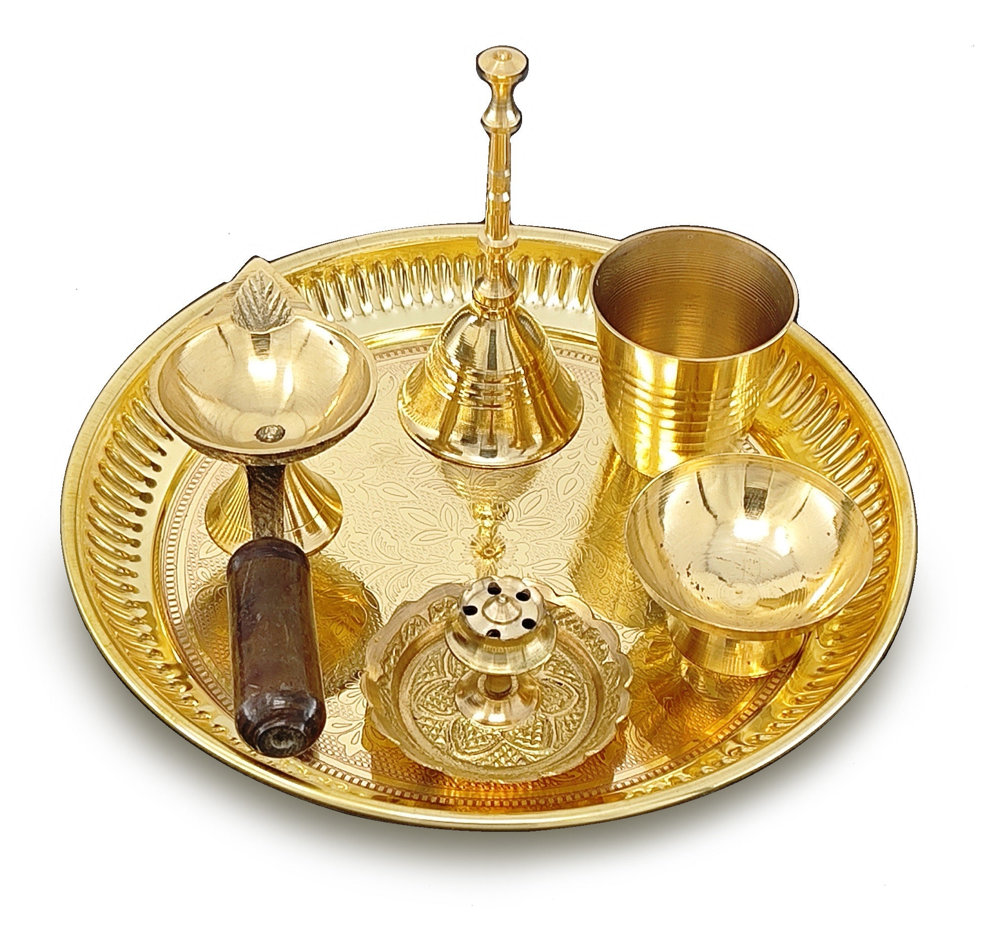 BENGALEN Brass Pooja Thali Set 6 Inch Puja Thali with Pital Plate Glass Chandan Wati Dhup Dan Diya Bell Arti Thali for Diwali Home Office Mandir Wedding Return Gift Items
