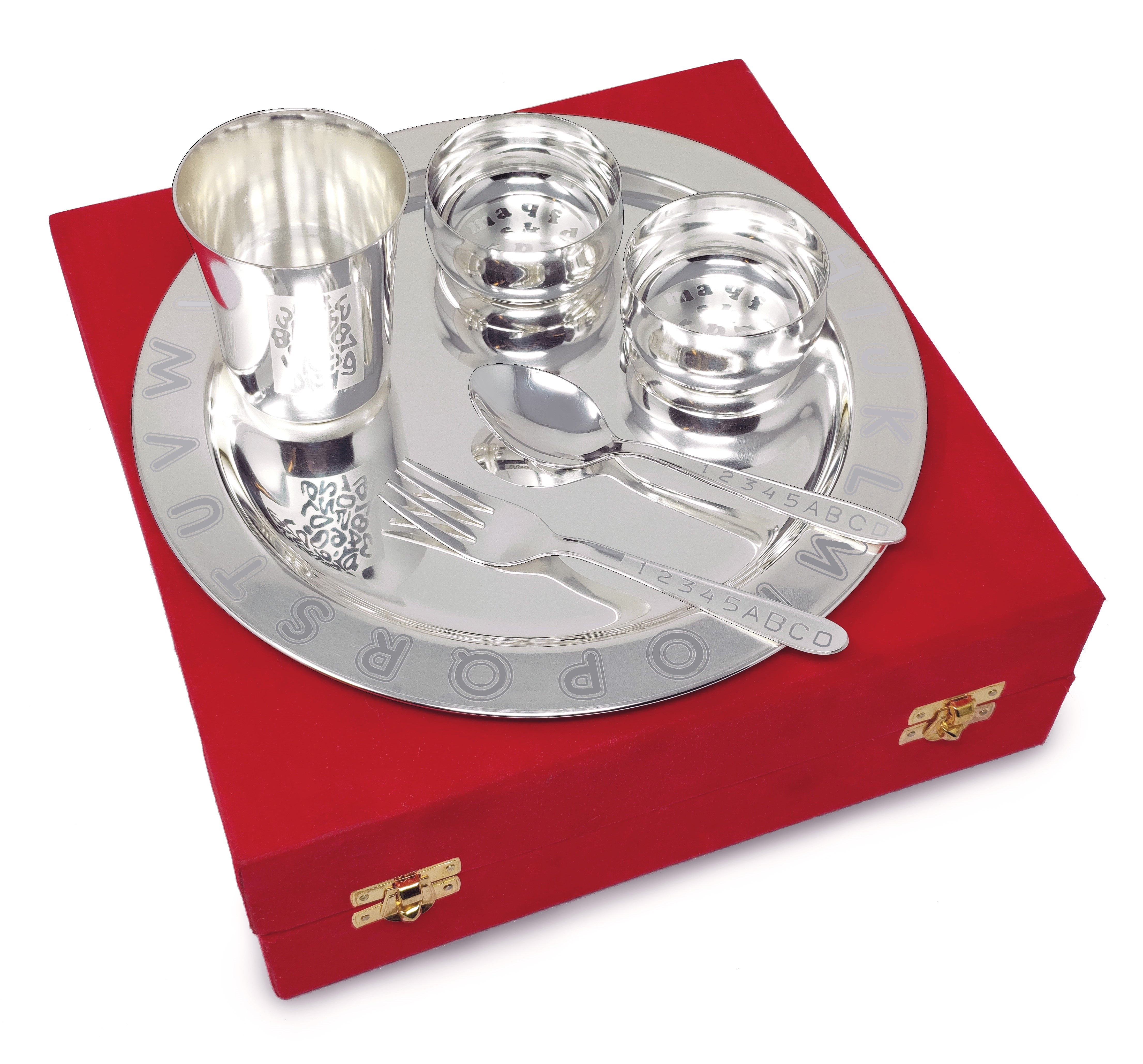 Bengalen Silver Plated Baby Dinner Set With Red Velvet Box for Gift Rice Ceremony Annaprashan Sanskar for Boys Girls Kids Birthday Return Festive Gift Items