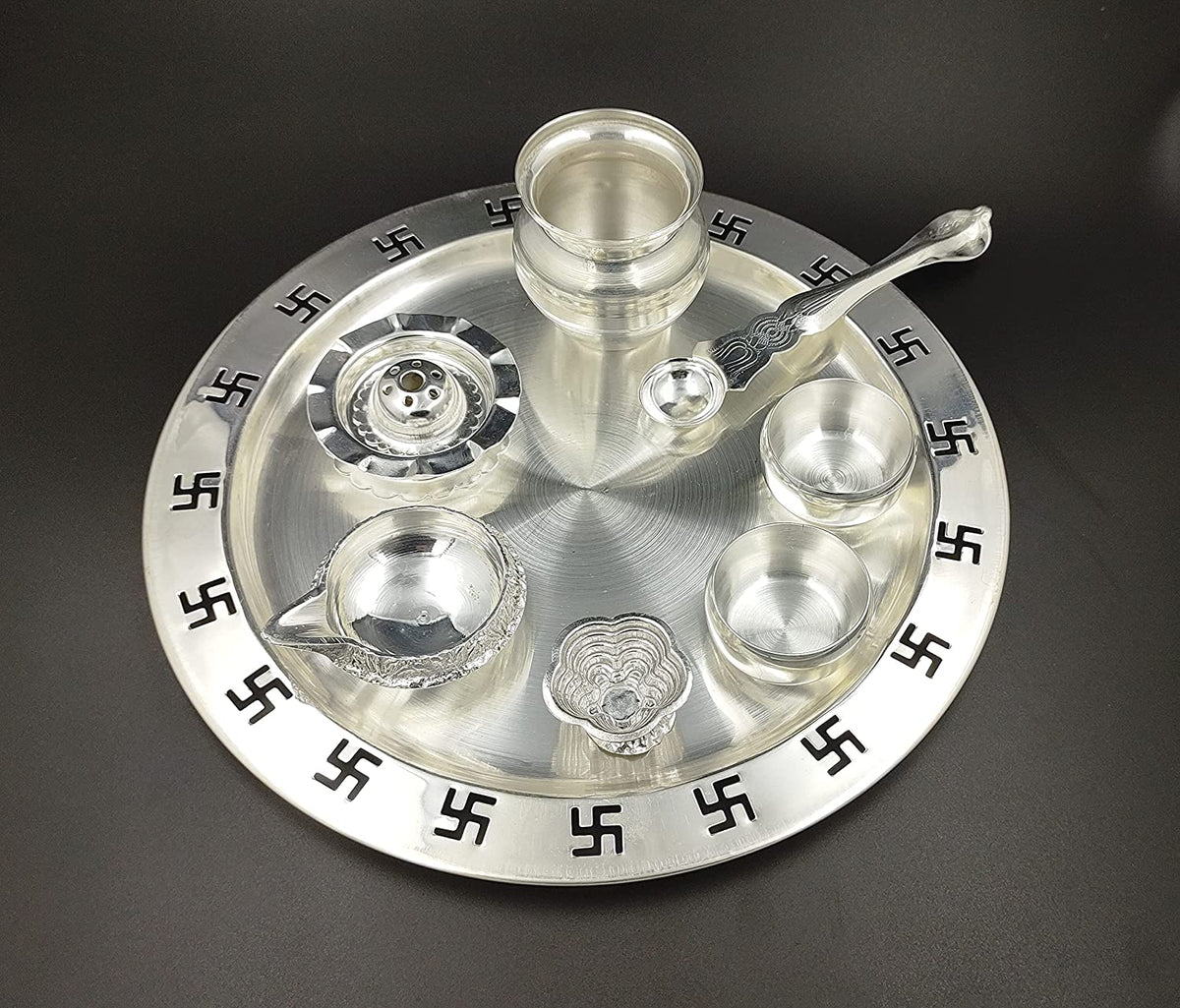 Silver Plated Swastik Design Puja Thali Set Festival Ethnic Pooja Items for Home Temple Office Wedding Return Gift Items