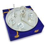 BENGALEN Pooja Thali Set Silver Plated with Blue Gift Box Designed 8 Inch Puja Plate Kalash Bowl Ghanti Spoon Dhup Dan Diya for Home Office Diwali Wedding Return Gift Items