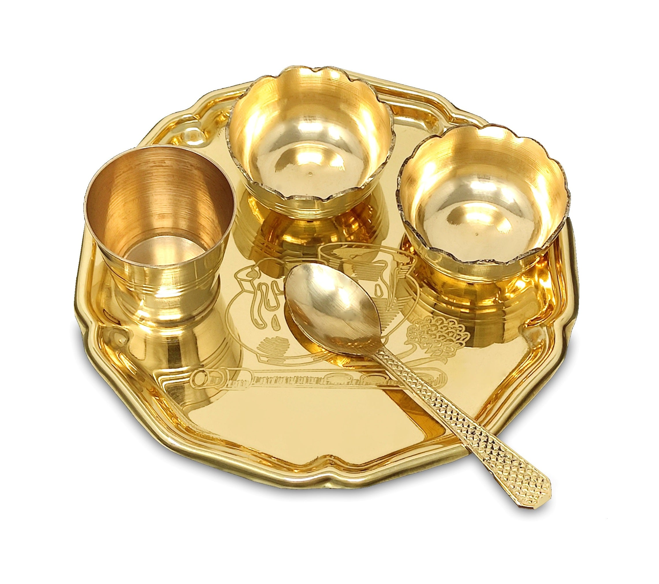 BENGALEN Pooja thali Set Brass Small 6 Inch With Red Gift Box Laddu Gopal Bhog Thali for Janmashtami Decoration Puja Item Festival Puja Krishna Bhog Thali Set for Home Office Mandir Return Gift Items