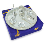 BENGALEN Pooja Thali Set Silver Plated with Blue Gift Box Om Designed 22 cm Puja Plate Kalash Bowl Ghanti Spoon Dhup Dan Diya for Home Office Diwali Wedding Return Gift Items