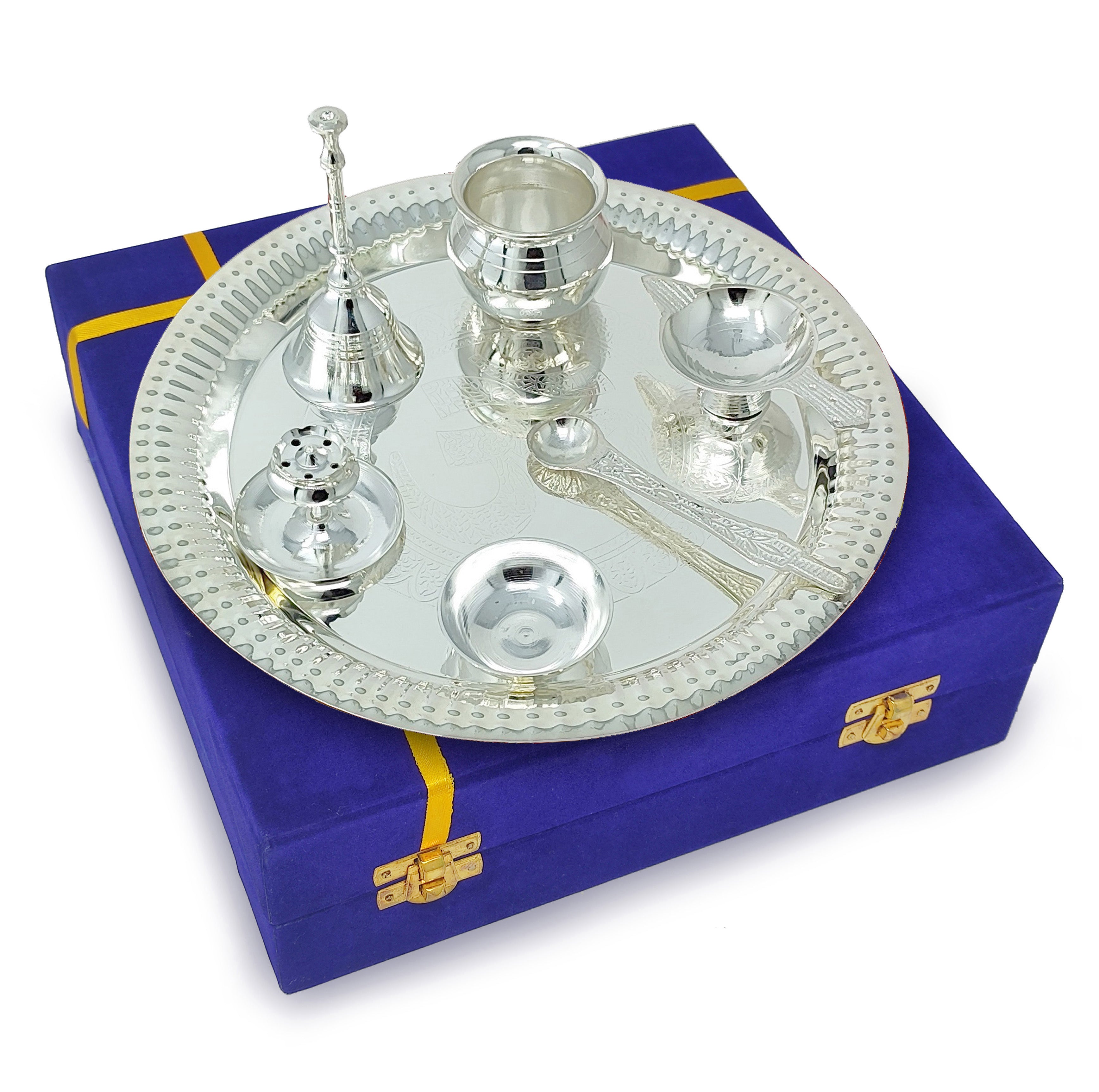 BENGALEN Pooja Thali Set Silver Plated with Blue Gift Box Om Designed 22 cm Puja Plate Kalash Bowl Ghanti Spoon Dhup Dan Diya for Home Office Diwali Wedding Return Gift Items