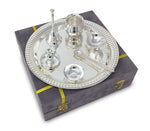 BENGALEN Pooja Thali Set Silver Plated with Grey Gift Box Om Designed 22 cm Puja Plate Kalash Bowl Ghanti Spoon Dhup Dan Diya for Home Office Diwali Wedding Return Gift Items