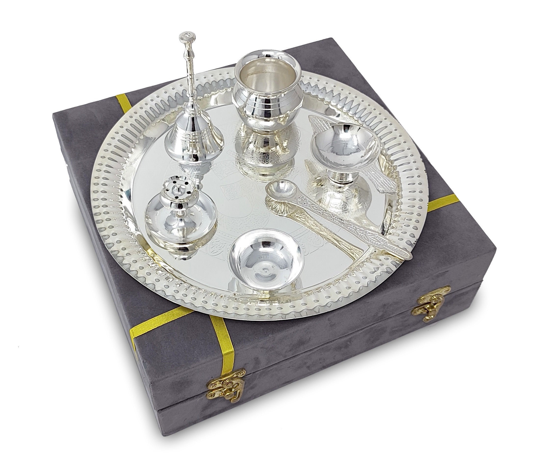 BENGALEN Pooja Thali Set Silver Plated with Grey Gift Box Om Designed 22 cm Puja Plate Kalash Bowl Ghanti Spoon Dhup Dan Diya for Home Office Diwali Wedding Return Gift Items