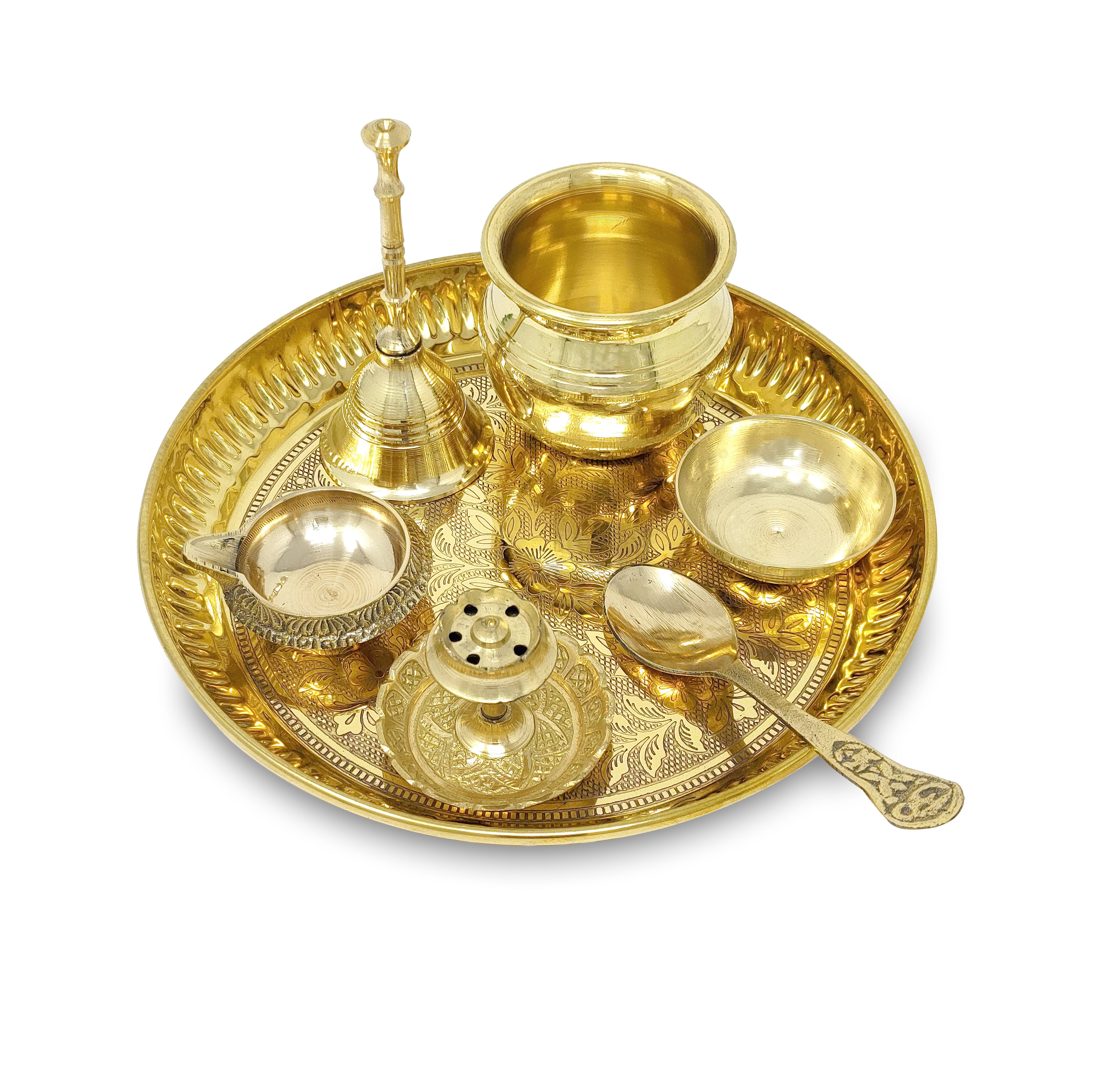 BENGALEN Brass Puja Thali Set with Blue Gift Box 6 Inch