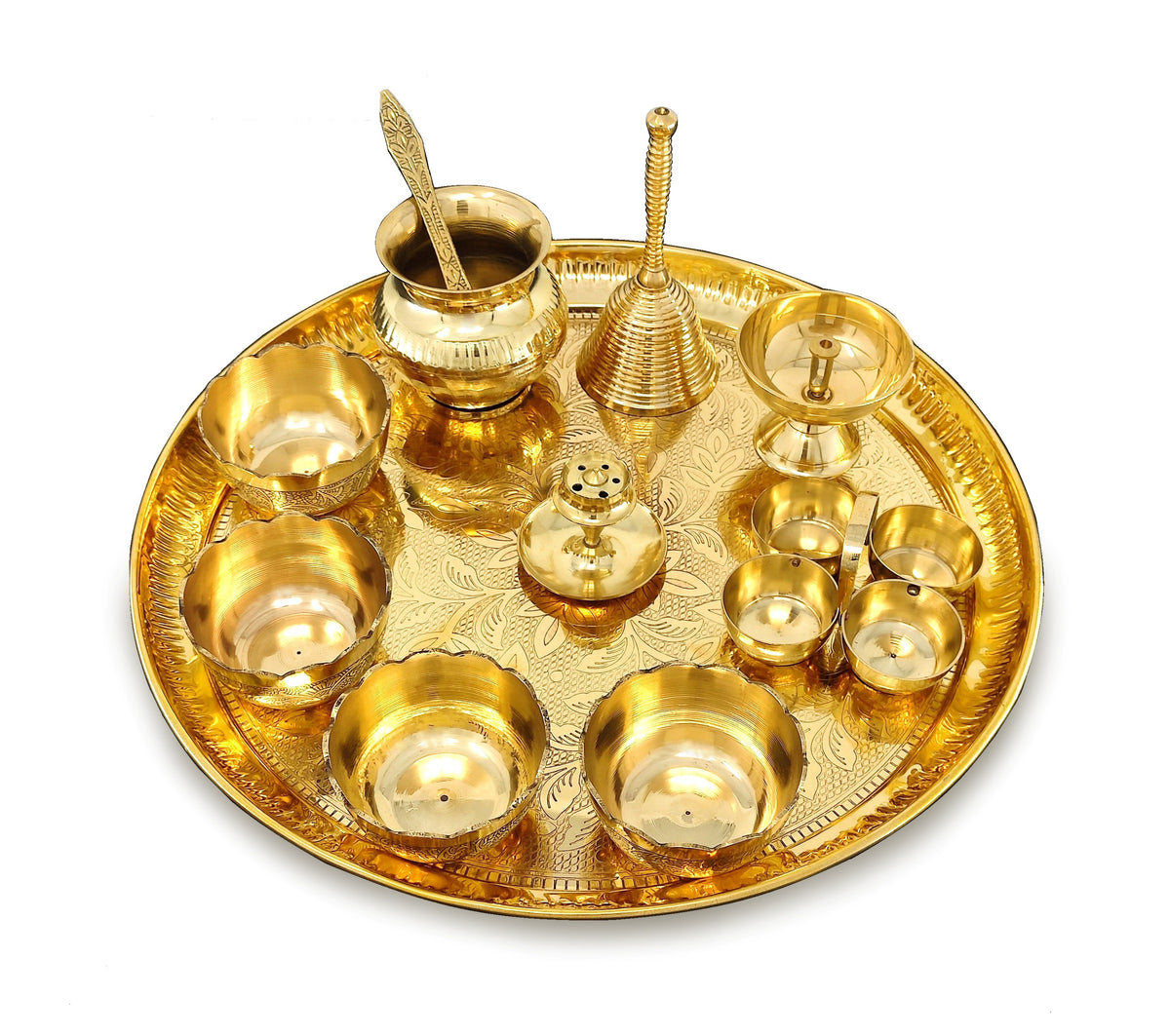Bengalen Brass Pooja Thali Set 12 Inch with Pital Plate Kalash Bowl Spoon Haldi Kumkum Stand Ghanti Piyali Diya Puja Thali for Diwali Home Office Mandir Wedding Return Gift Items
