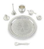 BENGALEN Pooja Thali Set Silver Plated with Gift Box Designed Puja Plate 22 CM Kalash Bowl Ghanti Spoon Dhup Dan Diya for Home Office Diwali Wedding Return Gift Items