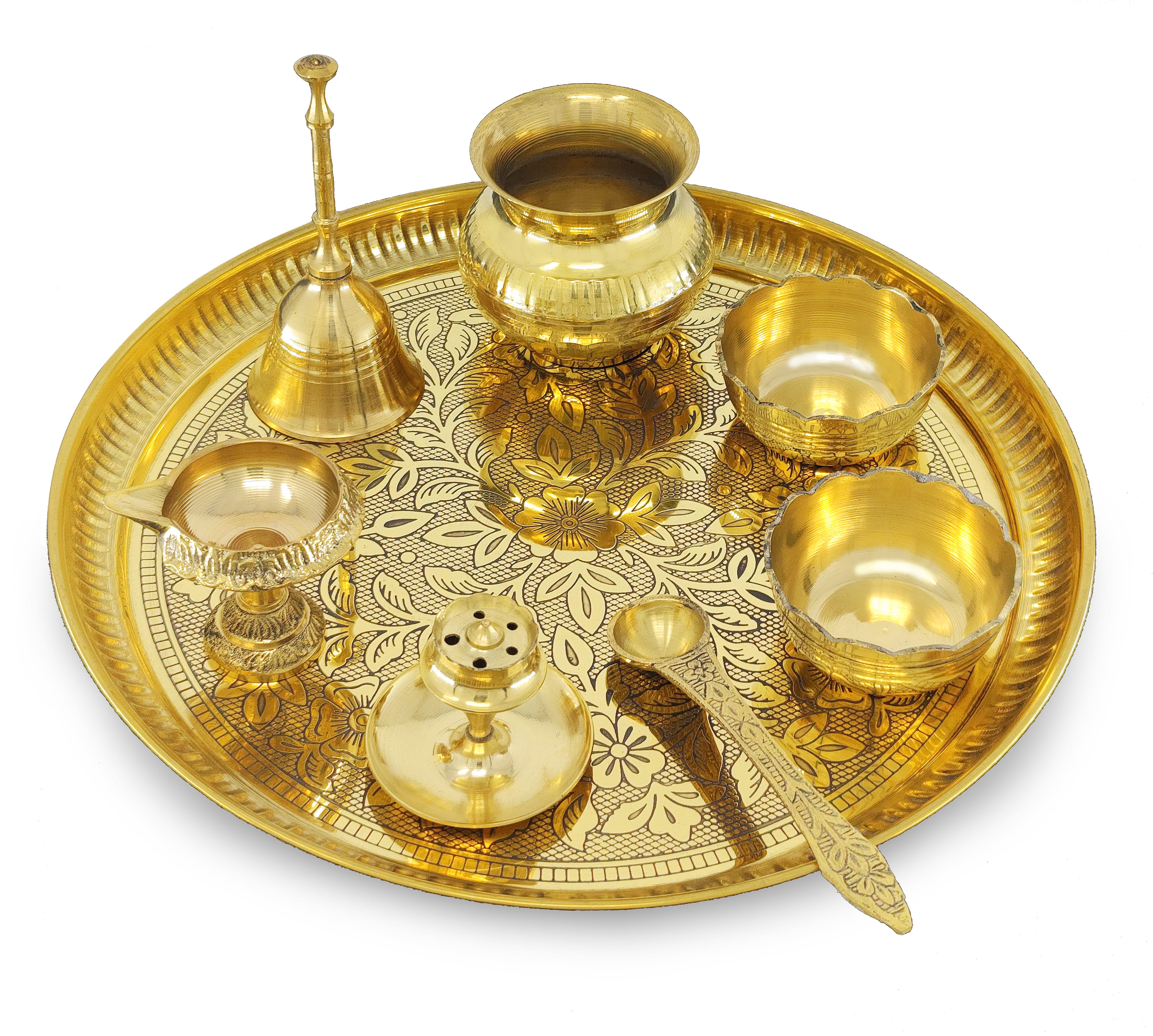 BENGALEN Brass Pooja Thali Set 10 Inch for Diwali Home Office Mandir Wedding Return Gift Items