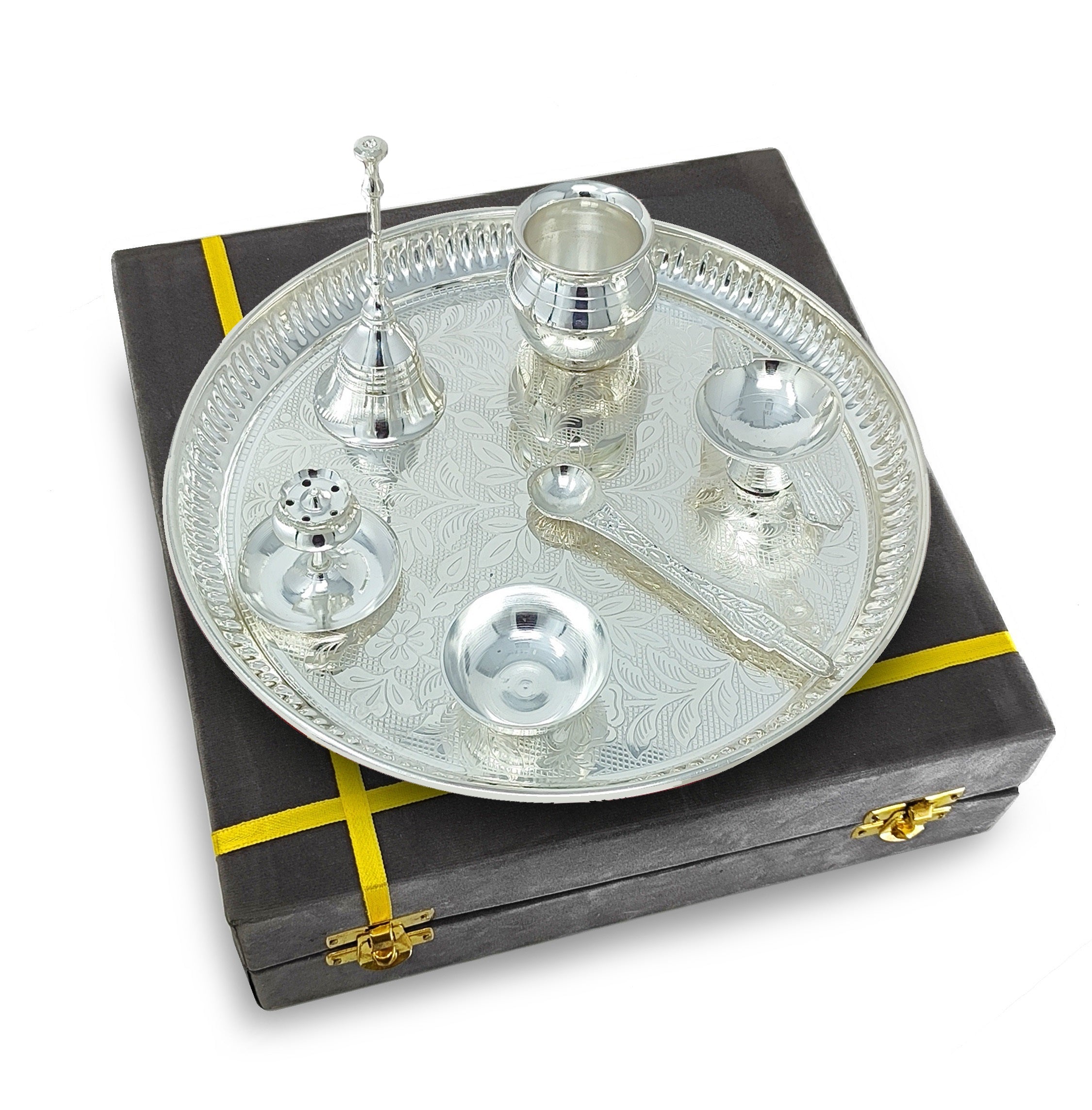 BENGALEN Pooja Thali Set Silver Plated with Gray Gift Box Designed 8 Inch Puja Plate Kalash Bowl Ghanti Spoon Dhup Dan Diya for Home Office Diwali Wedding Return Gift Items