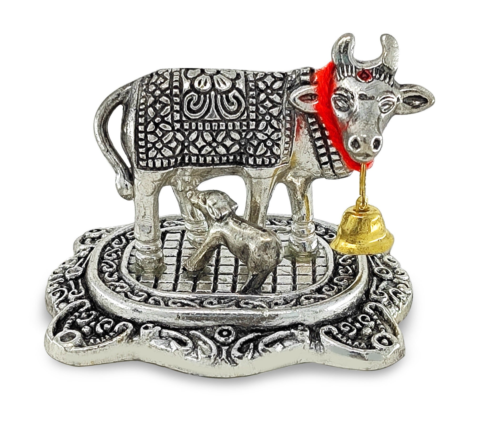 BENGALEN Small Kamdhenu Cow and Calf with Blue Velvet Box Metal Statue Decorative Showpiece for Home, Office, Diwali Decoration, Wedding Return Gift