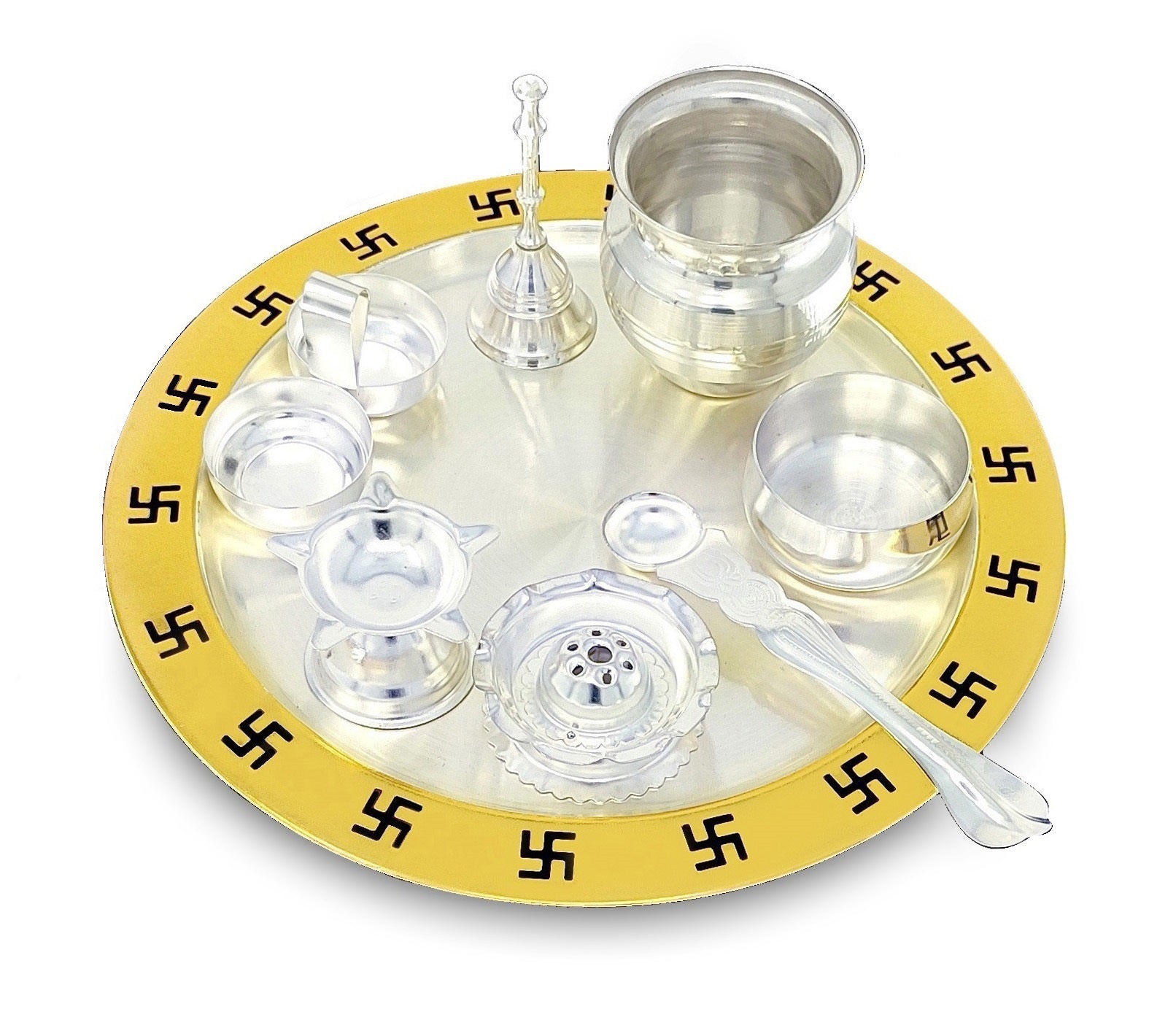 BENGALEN Pooja Thali Set 9 Inch Gold & Silver Plated with Blue Gift Box