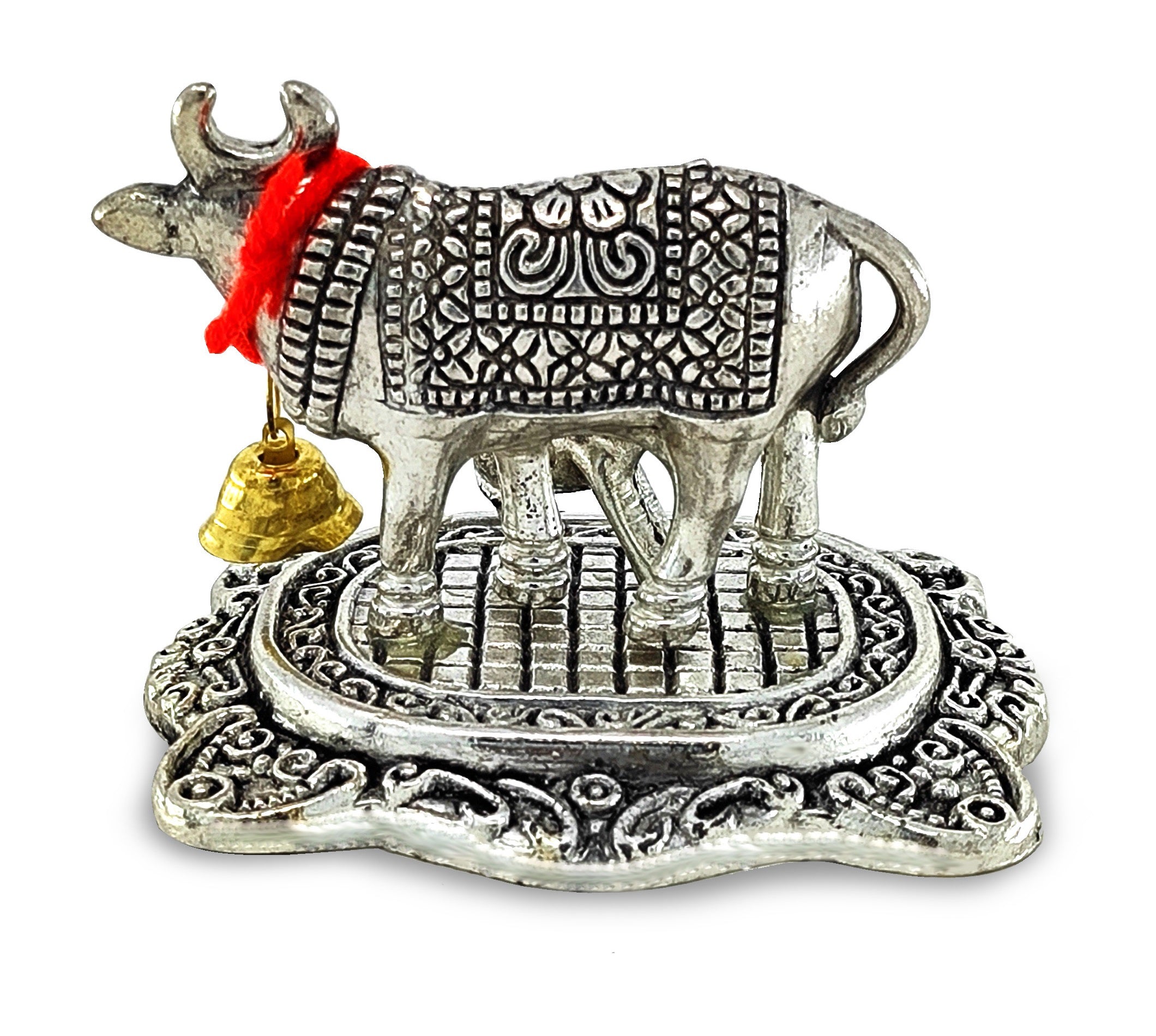 BENGALEN Small Kamdhenu Cow and Calf with Blue Velvet Box Metal Statue Decorative Showpiece for Home, Office, Diwali Decoration, Wedding Return Gift