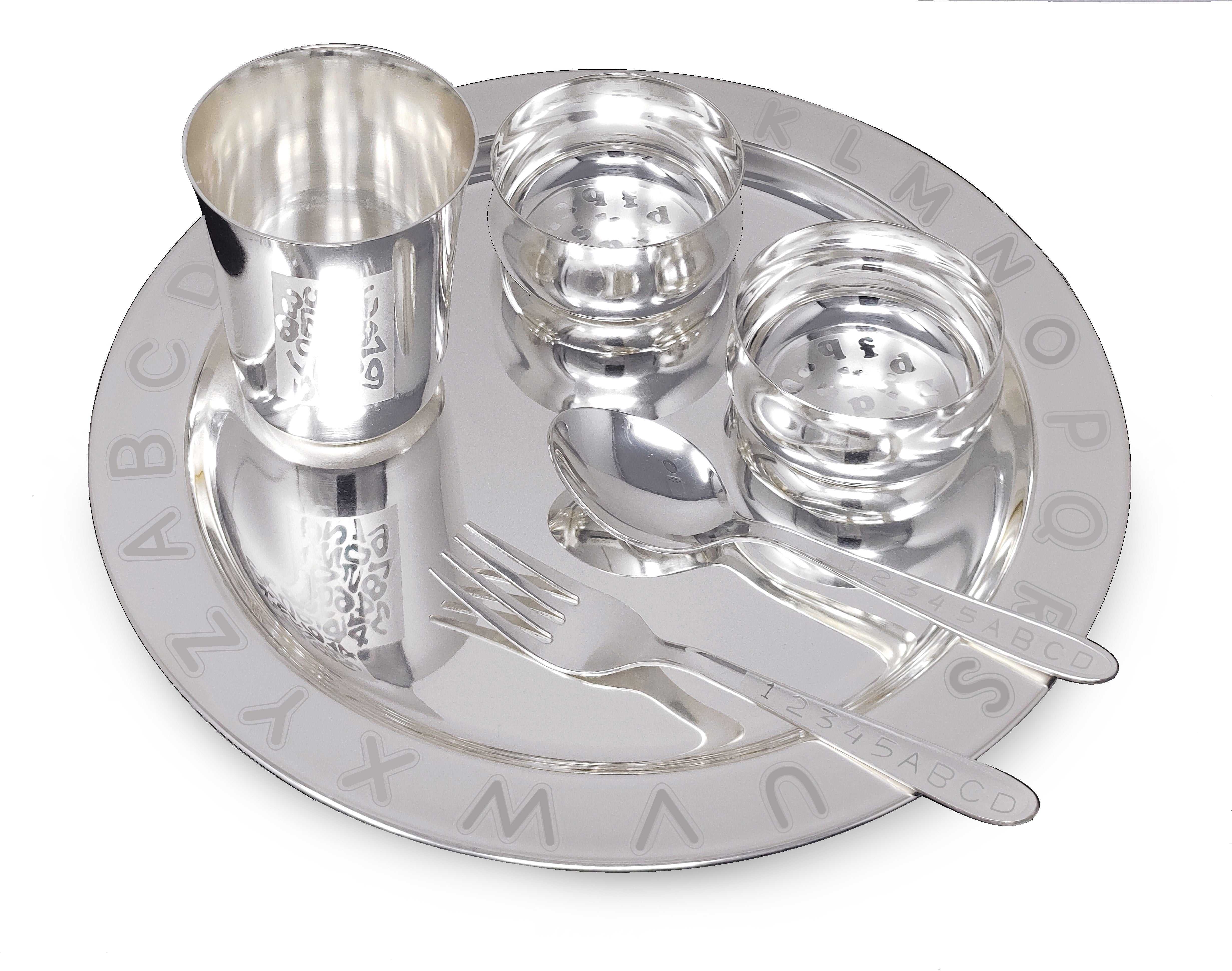 Bengalen Silver Plated Baby Dinner Set With Gray Velvet Box for Gift Rice Ceremony Annaprashan Sanskar for Boys Girls Kids Birthday Return Festive Gift Items